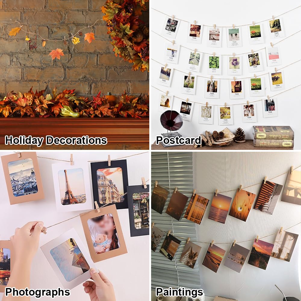 Cadre Photo Mural Bois Pelé-Mêle Avec 2 Cordes Et 7 Pinces - Collage 3D Photos Et Cartes, Décoration Maison