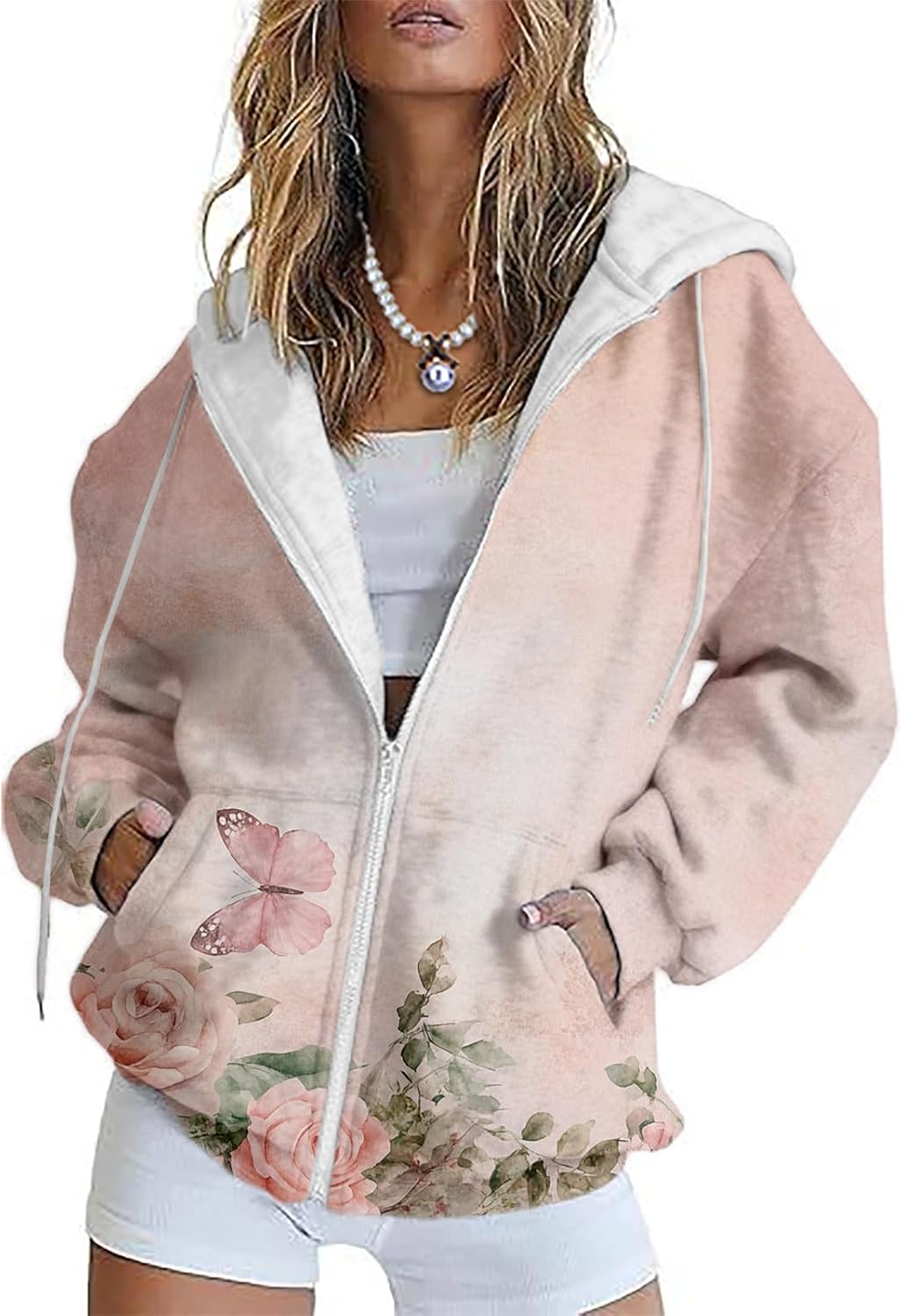 LOAIHA Womens Zip Up Hoodies Floral Print Jackets Long Sleeve Graphic Oversized Sweatshirts Girls Y2K Jacket with Pockets