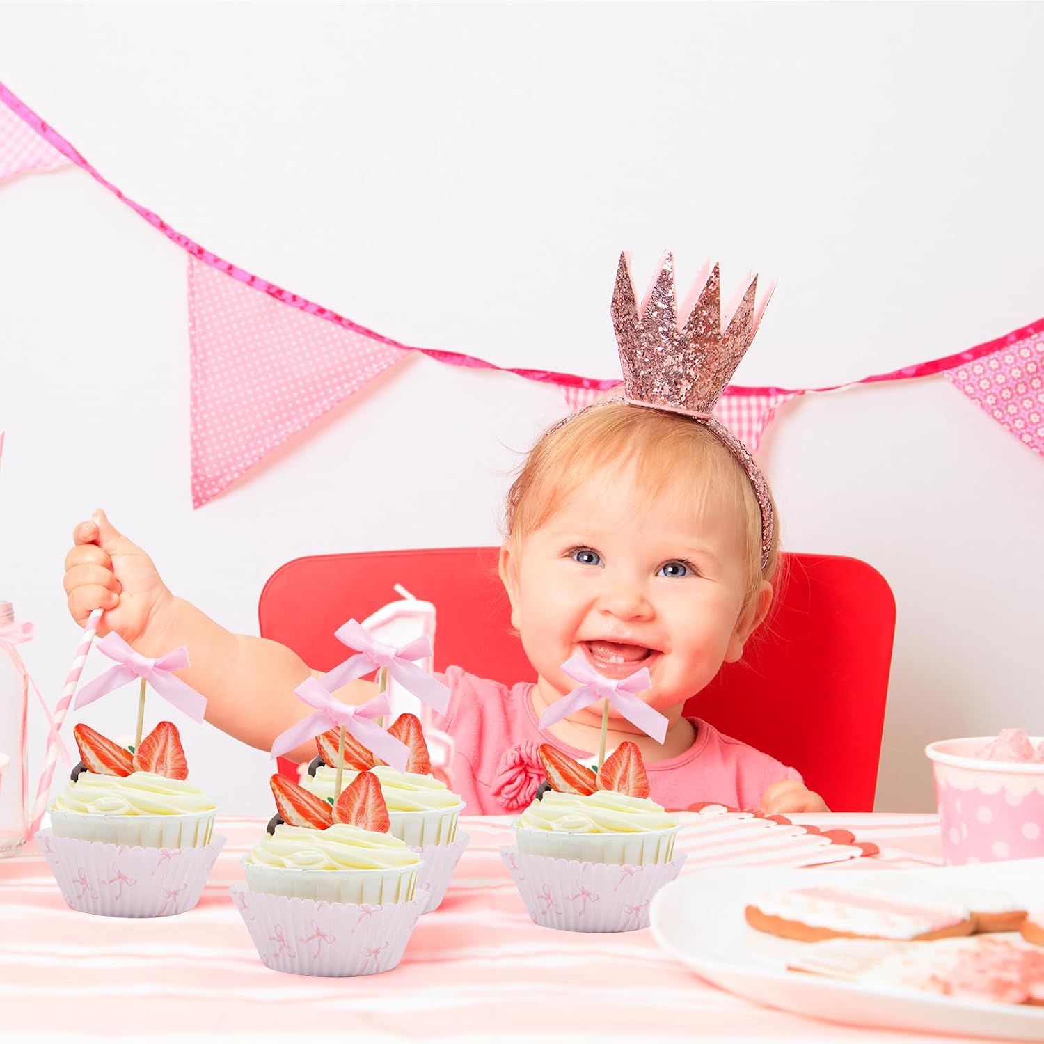 150pcs Bow Cake Decorations Set, 100pcs Pink Cupcake Liners and 50pcs Pink Bow Cupcake Toppers, Cupcake Decorations for Bridal Shower Baby Shower Birthday Bachelorette Engagement Wedding Party