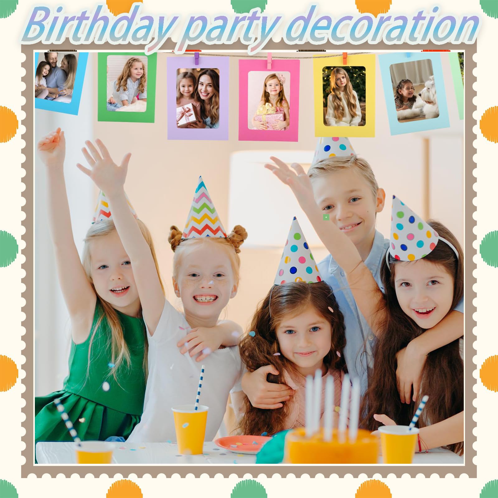 Papieren fotolijst, 30 stuks kleurrijke papieren fotolijsten, 11,5 x 15,5 cm, kleurrijke fotoslinger, met fotolijst, clip, henneptouw, fotolijn met klemmen, foto's ophangen voor thuis, school, kantoor