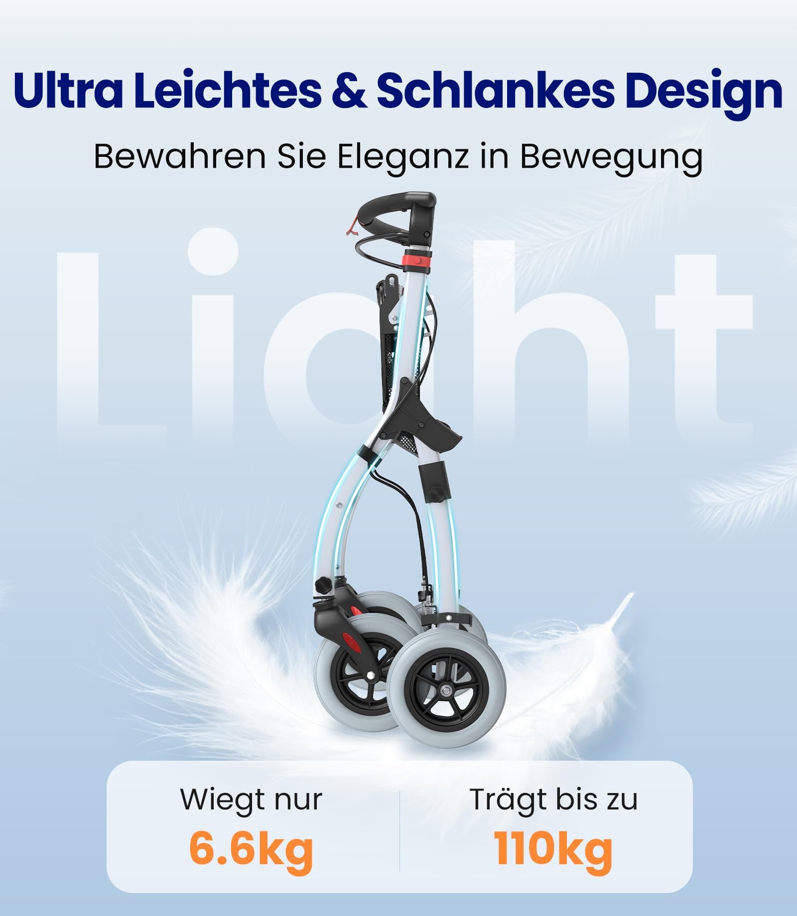 VOCIC Z32 Rollator Schmal für Wohnung,Indoor Rollator Faltbar und Leicht,Stabiler Wohnungsrollator mit Spuer Leiser Anti-Rutsch Reifen,Rollatoren für Senioren Klappbar Tablett,Weiß|5 Jahre Support