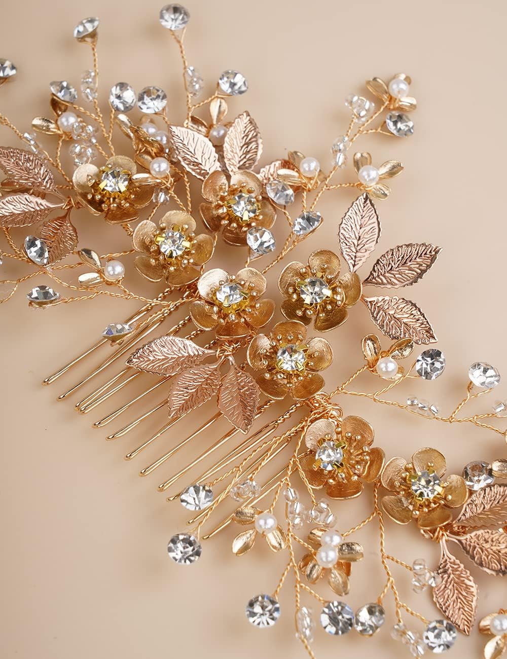Jumwrit Bridal Hair Comb Rhinestone Crystal Headpiece Handmade Flower Leaves Pearl Hair Comb for Bride Bridesmaid Wedding Hair Accessories for Women Girls（Gold） - Image 7