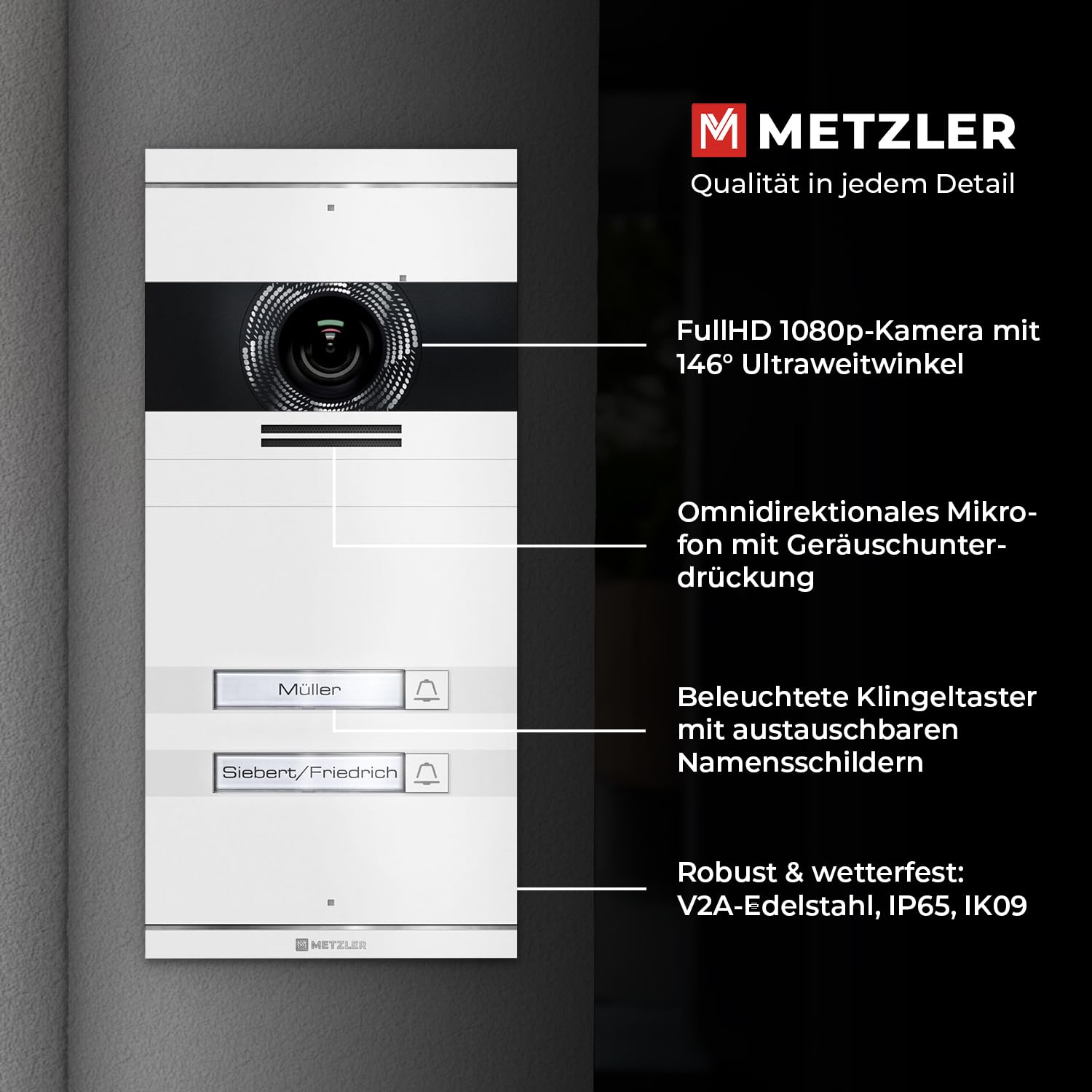 Metzler VDM10 2.0 Videocitofono kit completo con targhetta nome intercambiabile - LAN PoE - citofono video con telecamera HD per casa bifamiliare, app per smartphone, antracite in acciaio inox V2A