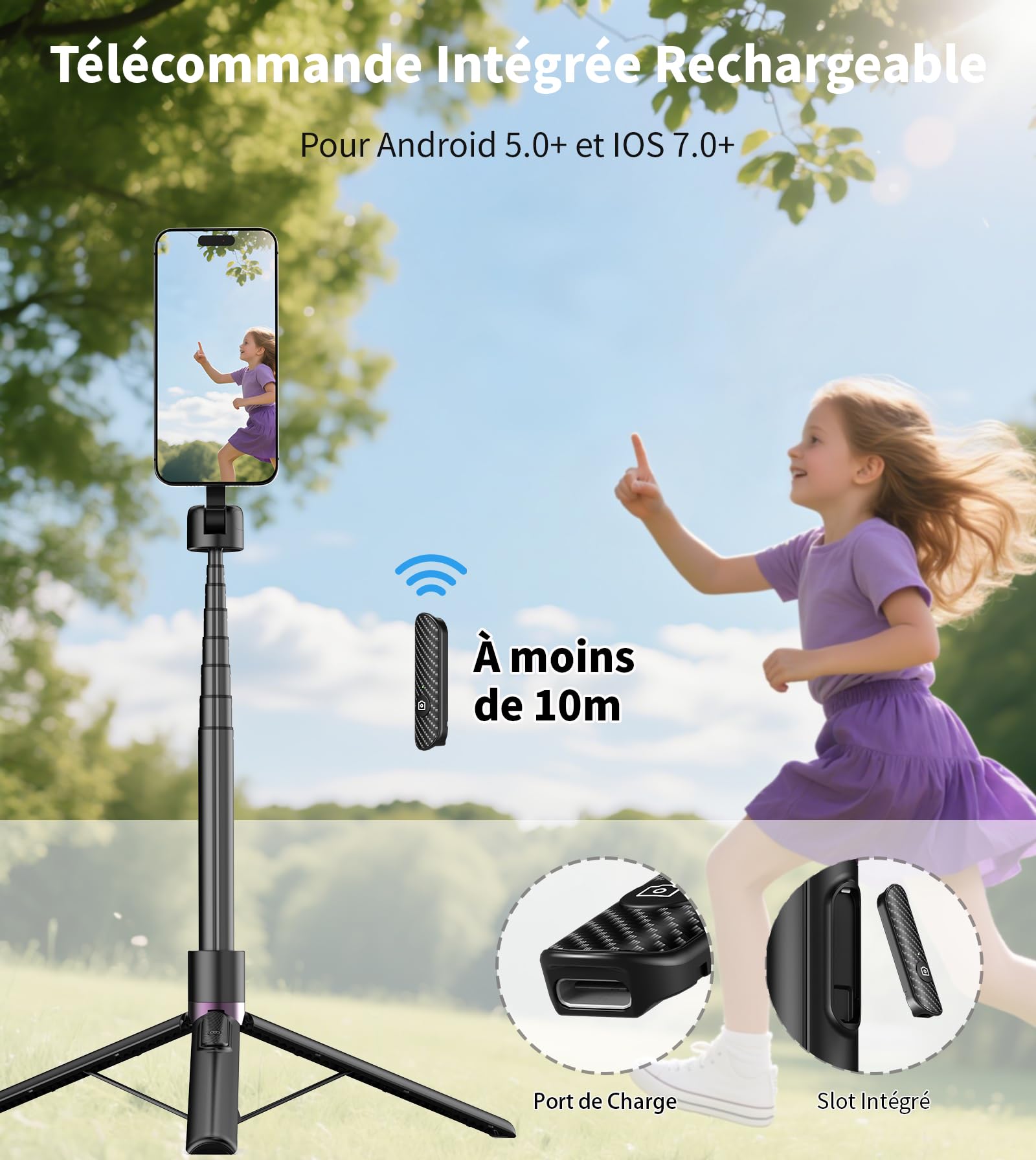 TONEOF 173cm Perche Selfie Magnétique Trépied,Fixations en Aluminium pour Magsafe, Rotatif à 360°,Trépied Voyage Rétractable avec Anneau Métallique&Télécommande,Têtes de Trépieds pour Téléphones-Noir