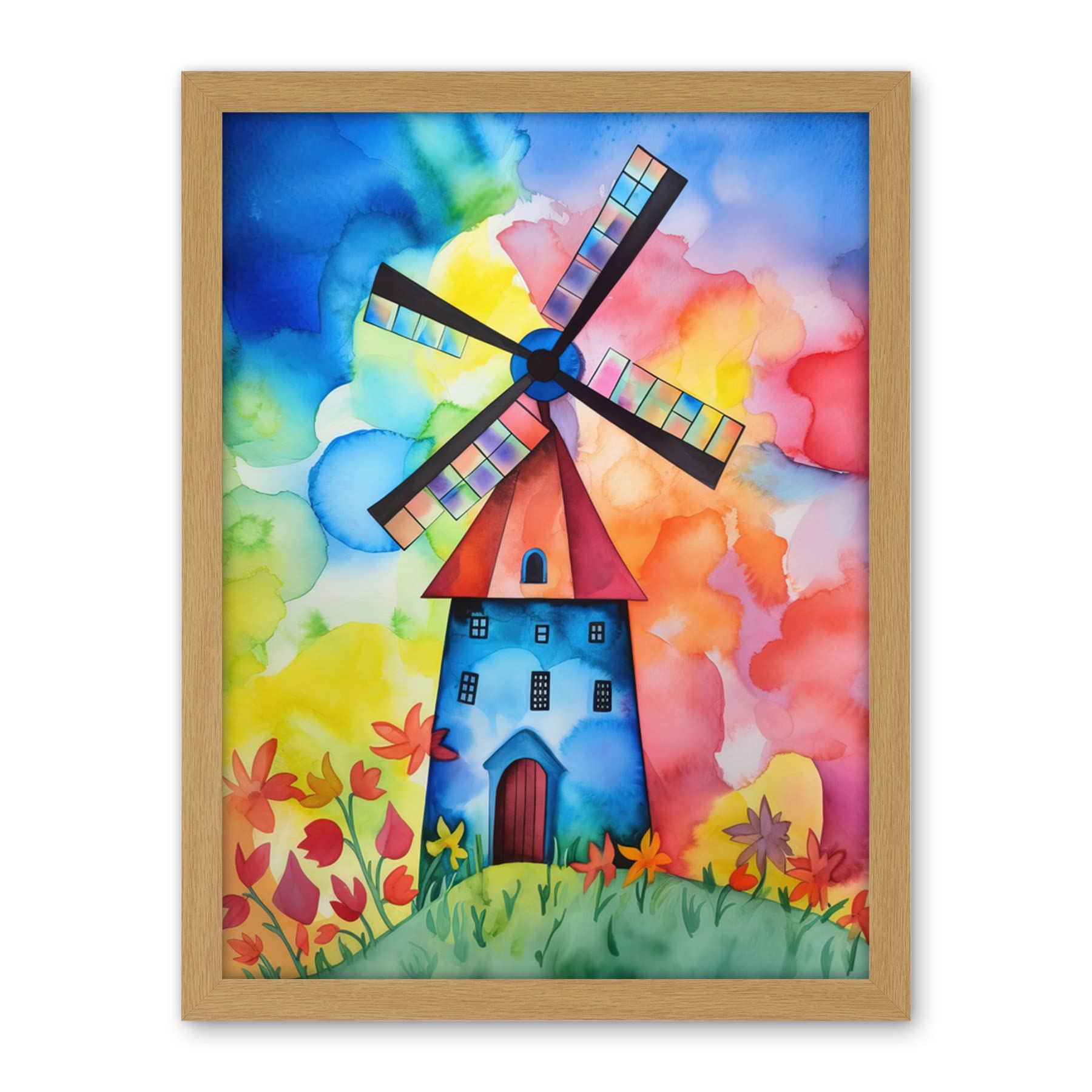 Artery8 Watercolour Windmill Netherlands Folk Art Artwork Framed Wall Art Print 18X24 Inch