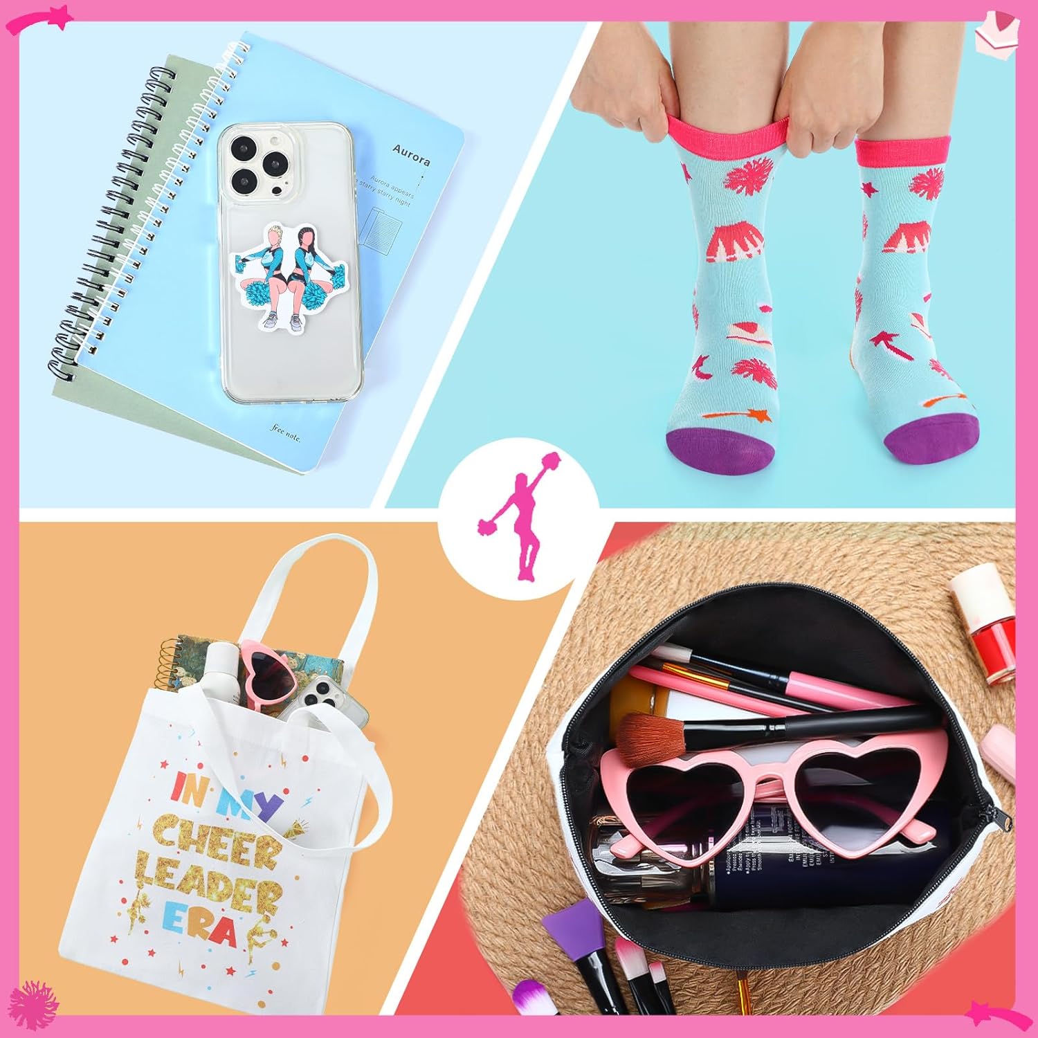 104 Pcs Cheerleader Gifts Set Cheerleading Lovers Gift Including Socks, Stickers Canvas Tote Bag Makeup Bag Bulk Accessories for Women Teammate Team Sports Fans Birthday Christmas Presents - Image 2