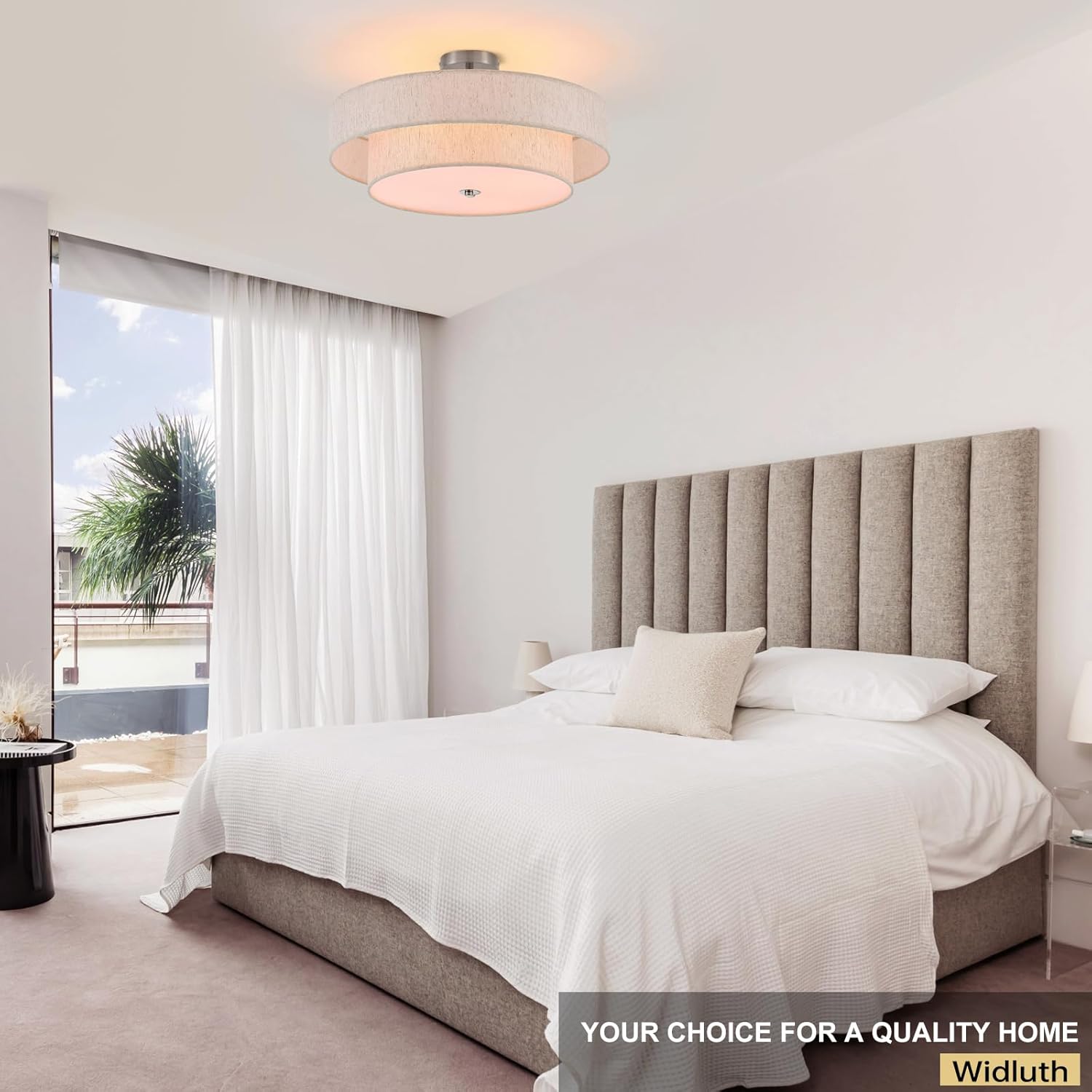 21.7" Modern Semi Flush Mount Ceiling Light 4-Lights Linen Drum Ceiling Lighting with Chrome Finish, Vintage Ceiling Light Fixture for Laundry Room, Kitchen, Living Room, Dining Room, Bedroom