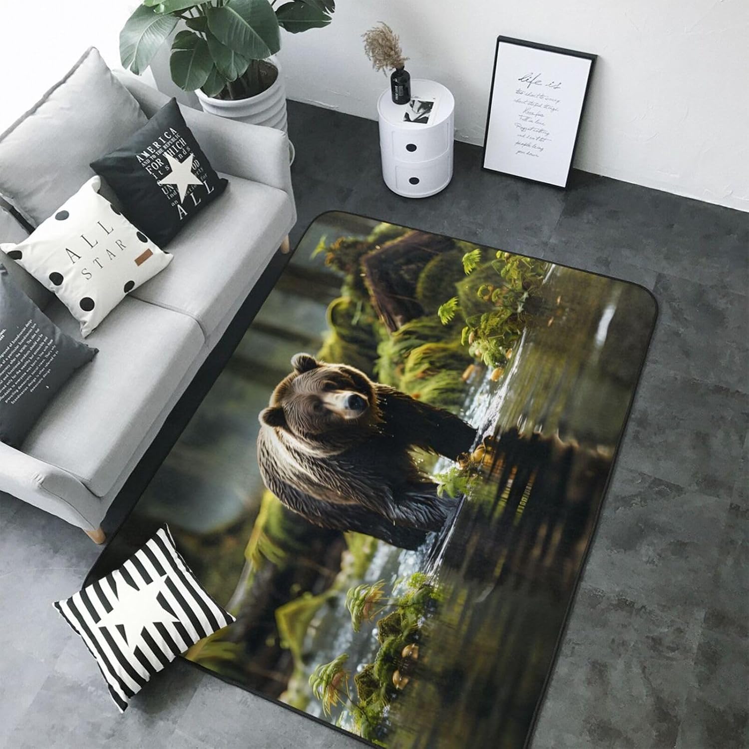 Brown Bear Pounce Printed Floor mat 80x58 inches, Non-Slip Decorative Carpet for Bedroom and Living Room