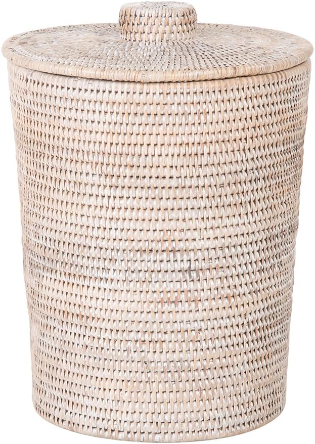 Kouboo La Jolla Rattan Round Waste Basket with Plastic Insert & Lid, Large, Honey-Brown for Bedroom, Living Room and Bathroom