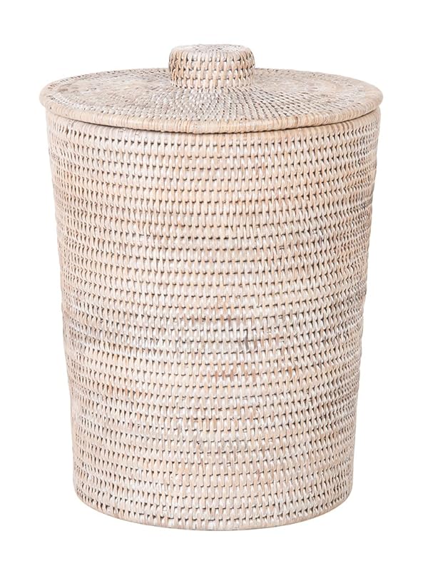 KOUBOO La Jolla Rattan Round Plastic Insert & Lid, Dorm Waste Basket, Bedroom, Living Room, Bathroom Basket for Dry Organic, Home Decor, Large White-Wash by Kouboo - Used condition - US$81.13