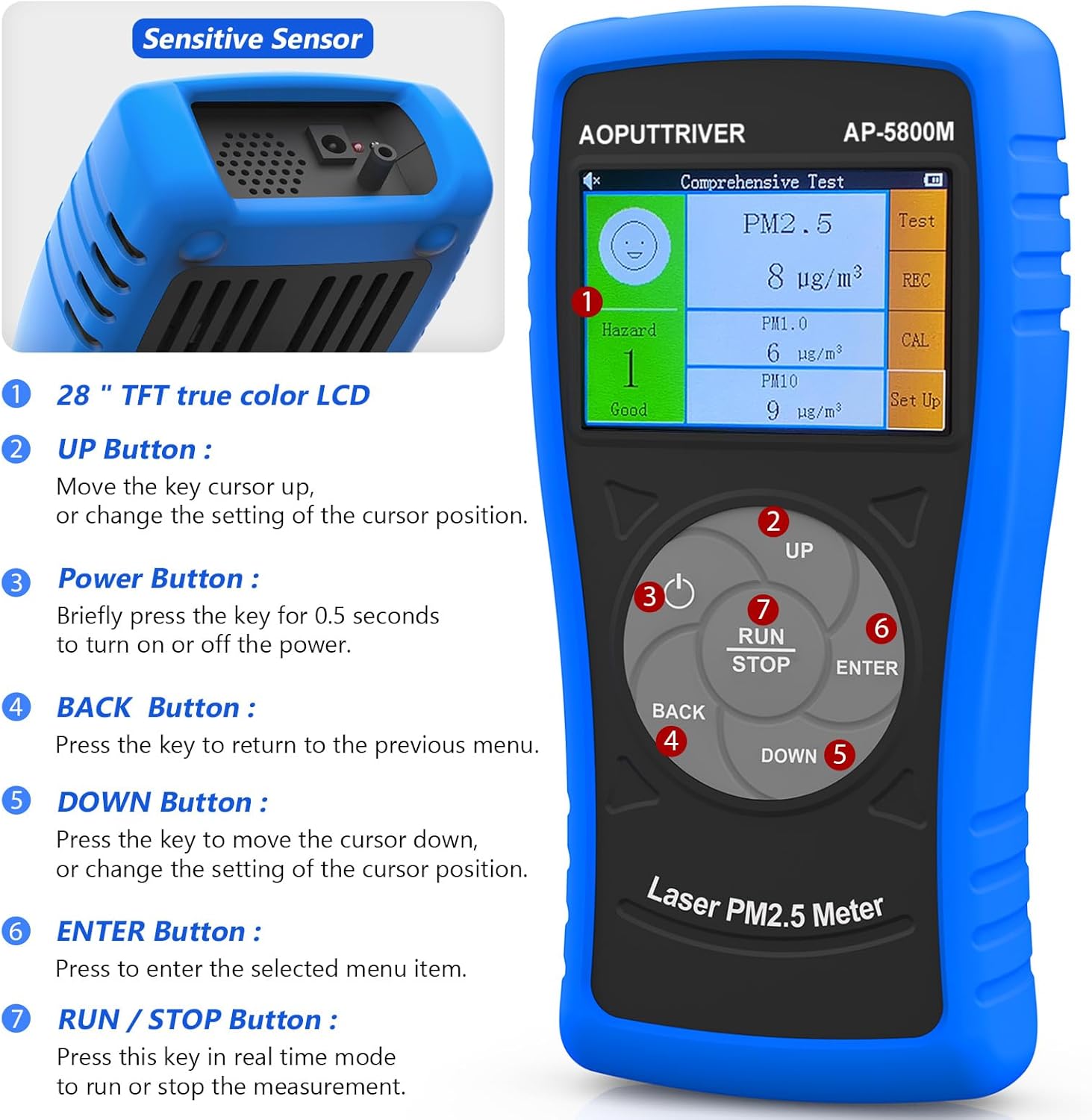 AOPUTTRIVER AP-5800M Air Quality Monitor with labeled buttons and sensitive sensor detail.