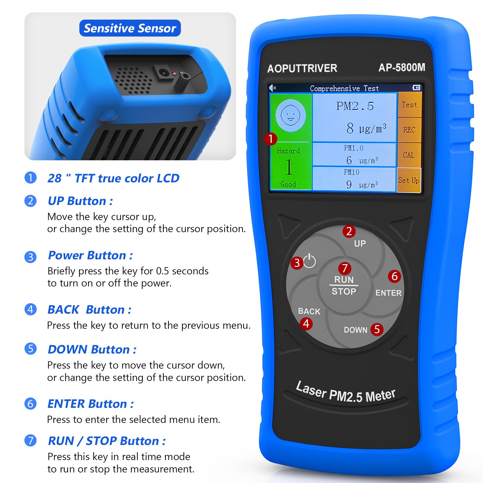Medidor de partículas de Polvo Fino, Sensor PM2.5 AP-5800M, Monitor de Calidad del Aire PM2.5 para Prueba PM2.5, PM1.0, PM10, Adecuado para Interior/Exterior/Dormitorio/Oficina
