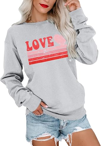 LUKYCILD Valentines Love Heart Shirt Women Casual Crewneck Sweatshirts Funny Love Graphic Tee Long Sleeve Pullover Tops