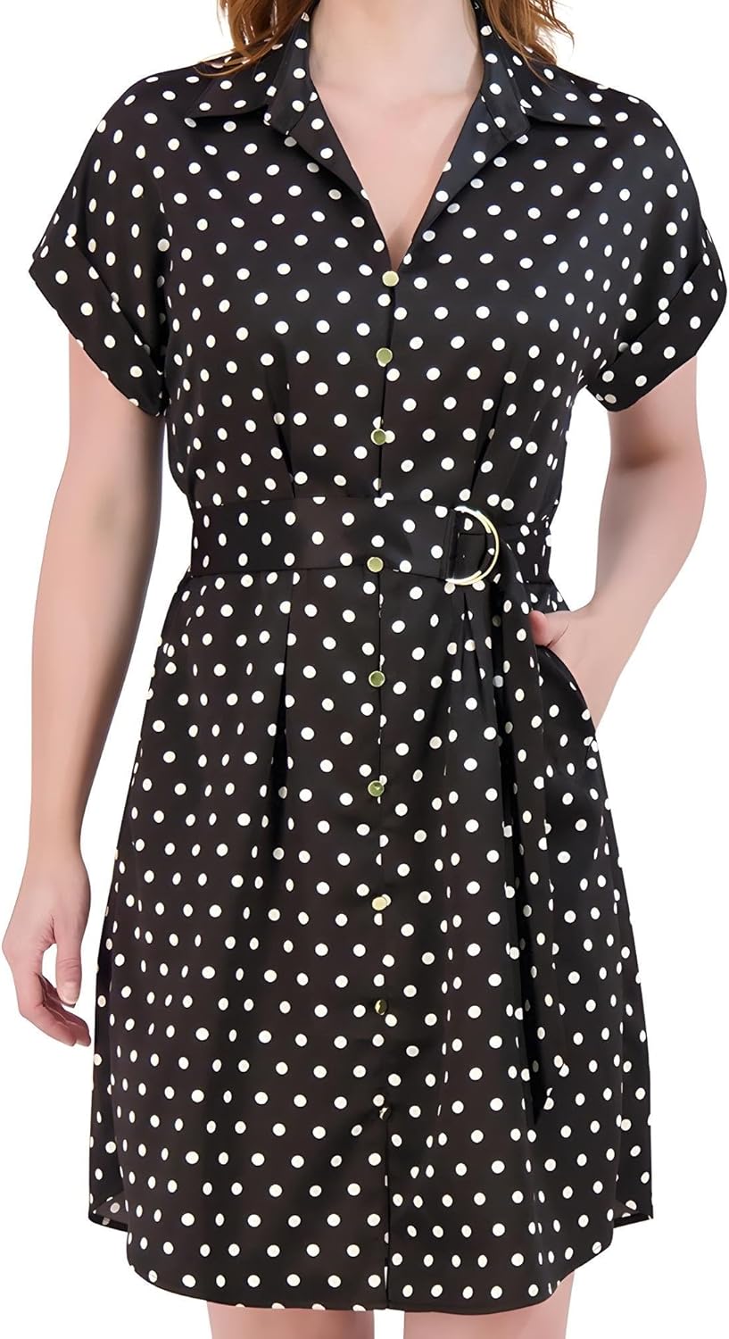 French Connection Women's Satin Belted Shirt Dress – Knee Length, Short Sleeve, Button-Down - Casual Style for Everyday Wear
