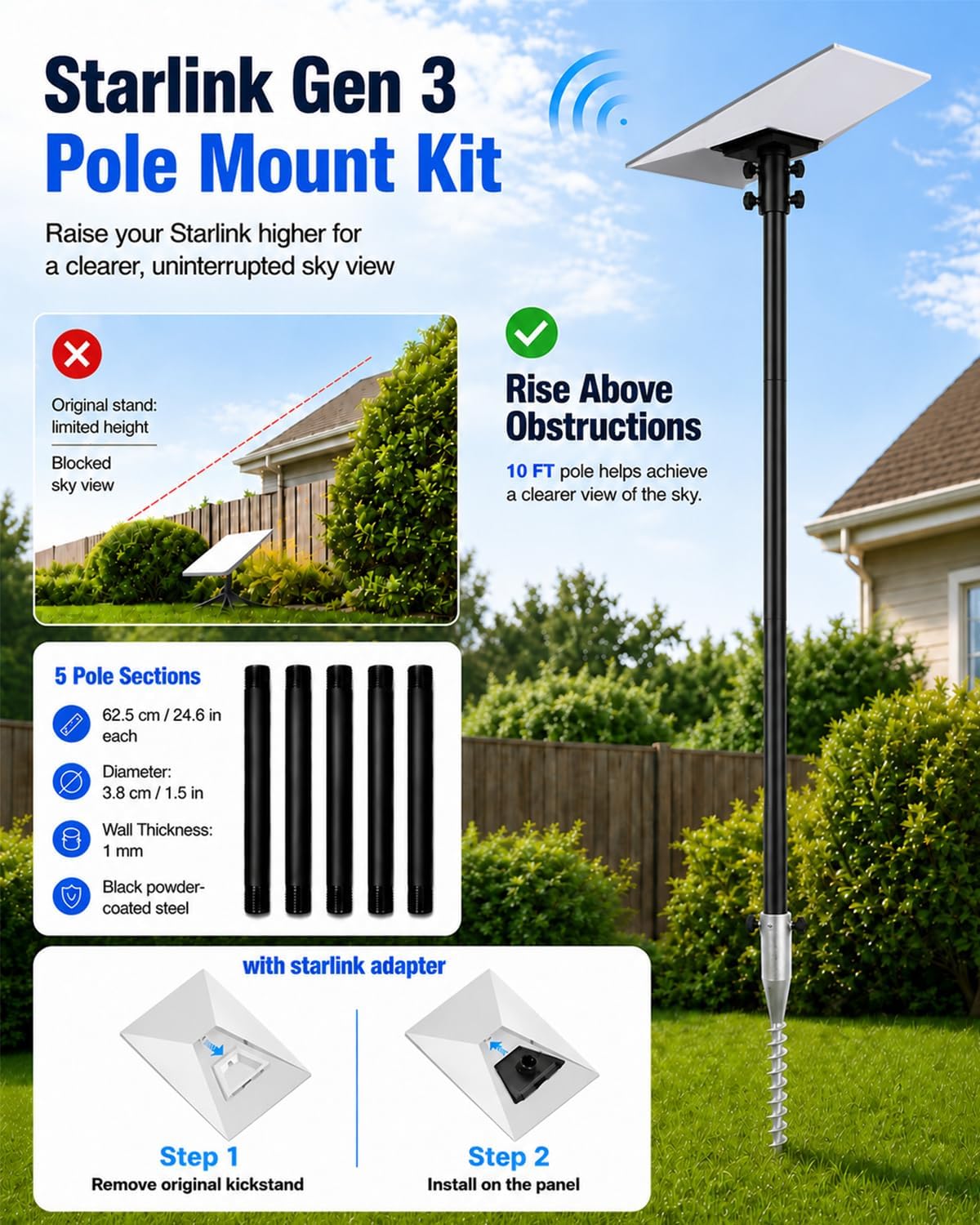 10Ft Pole Mount Kit Compatible with Starlink Gen 3 for RV&Outdoor