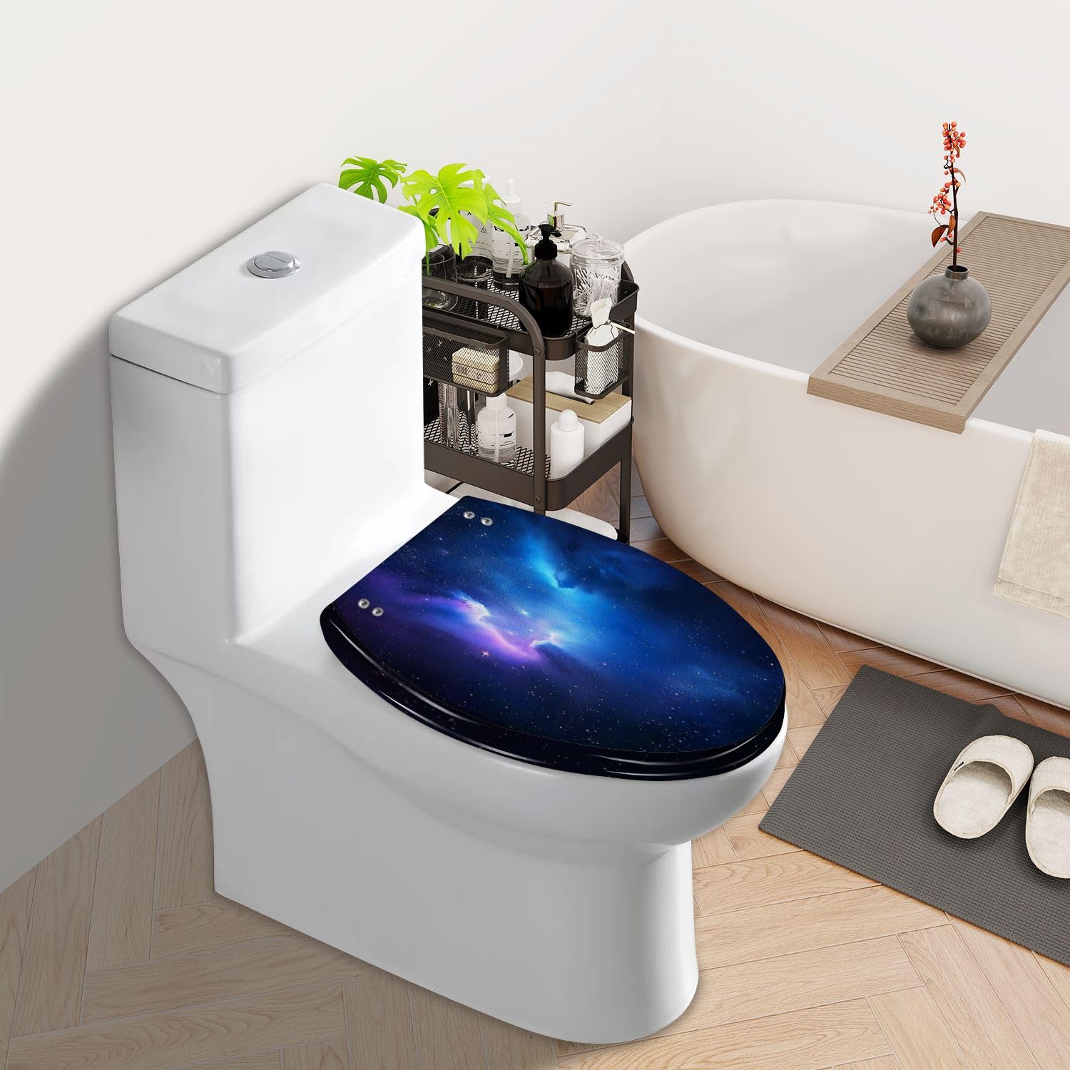 Asiento de inodoro alargado genérico con tapa y cierre suave para baño.