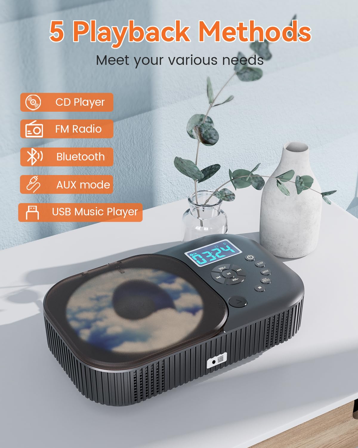 MONODEAL CD Player Tragbar Bluetooth mit Zwei Stereo Lautsprechern, Radio | Anti-Skip CD-Player für Hörbücher Musikhören, 4000mAh Batterie, AUX/USB-Modus