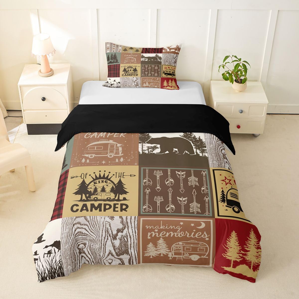 Erosebridal Happy Camping Theme Toddler Comforter Cover Retro Camper Bedding Set for Rv Rustic Plaid Bear Deer Duck Duvet Cover for Kids Adults,Woodland Adventure Bed Set