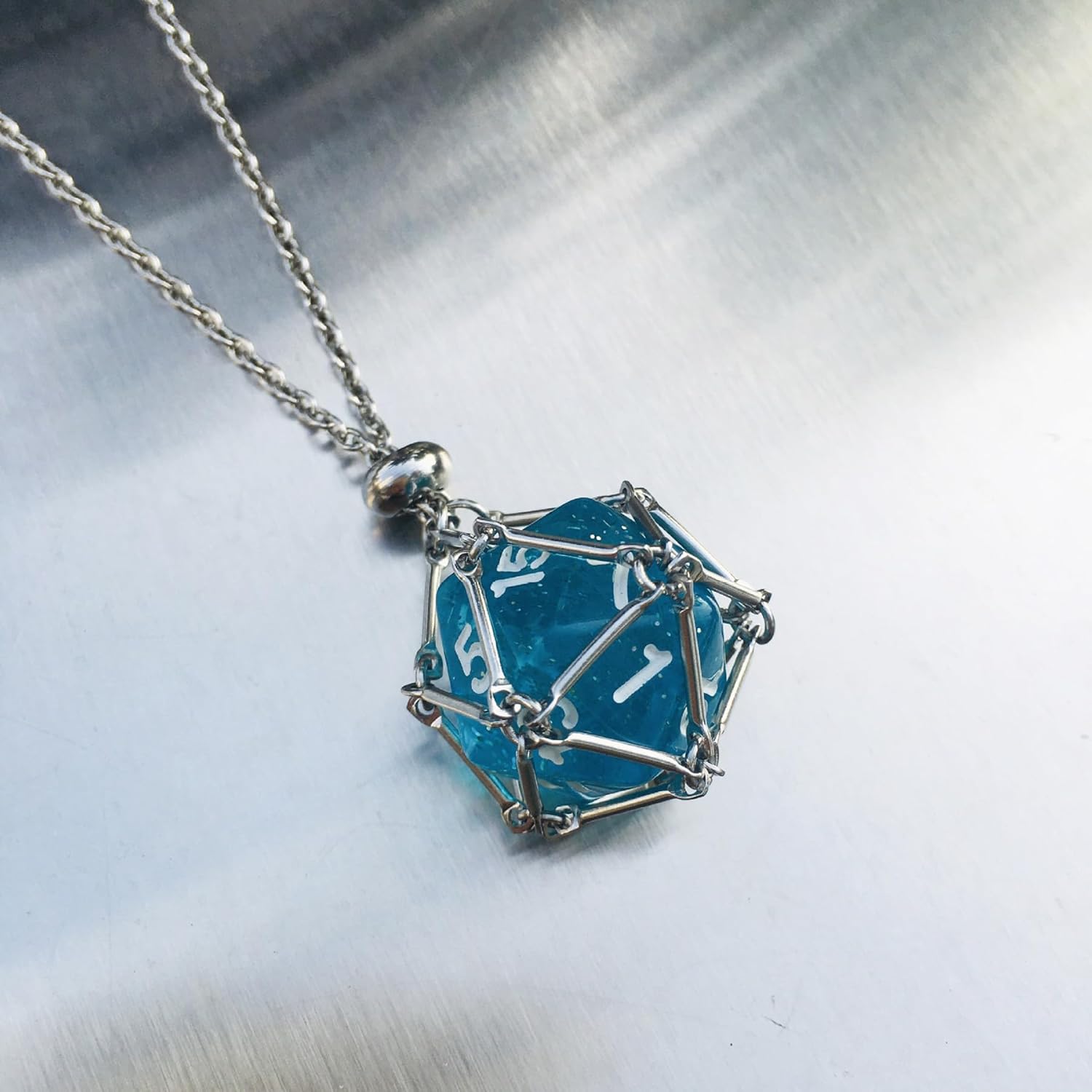 Kingdong DND D20 Dice Necklace - Interchangeable Stainless Steel Cage for d&d Dice, Dice Pendant DND Gift for Dungeon Master, D&D Player and RPG Gamer