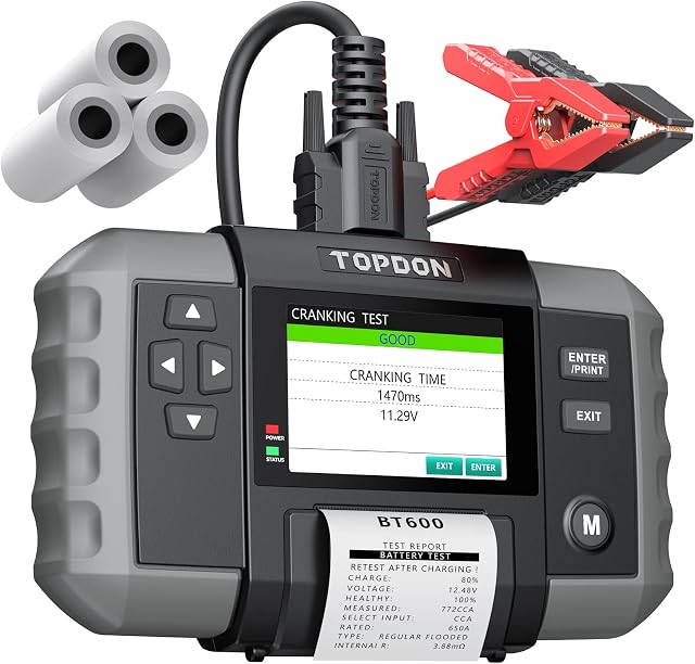 Car Battery Tester, TOPDON BT600 12V Battery Tester, 12V/24V Cranking Tests and Charging Tests, Alternator Load Testers, 100-2000CCA Digital Battery Voltage Tester, 3.5" Screen with Built-in Printer