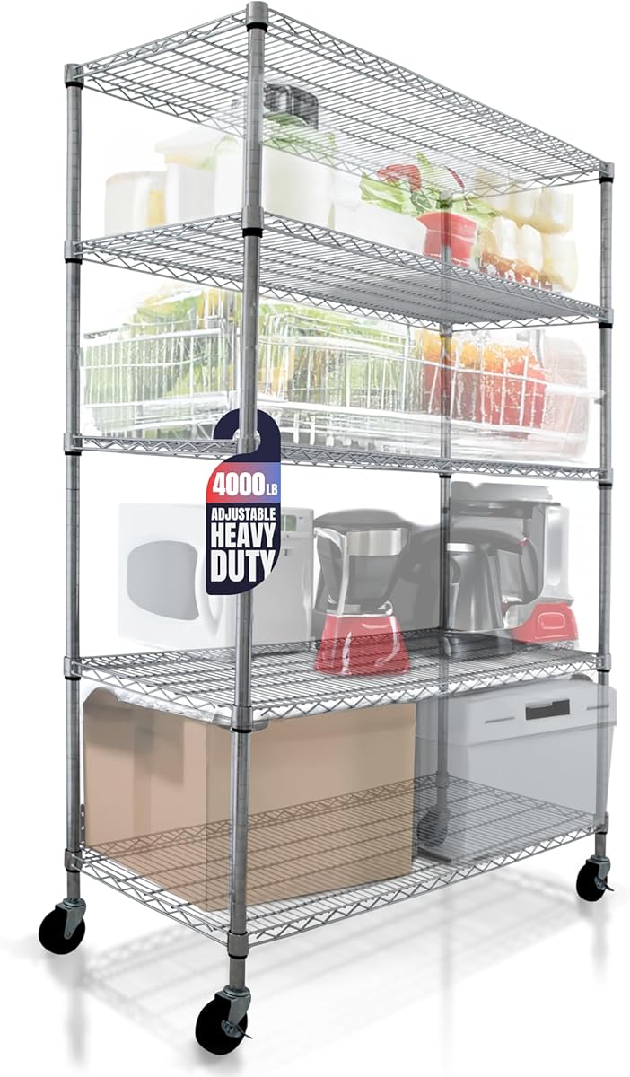 4000 LBS Heavy Duty Wire Rack, 48 x 24 x 76, 5-Tier NSF Commercial Rolling Rack with 4" Industrial Casters, Chrome Metal Wire Shelving for Garage, Kitchen, Adjustable Storage Shelf, Crescent