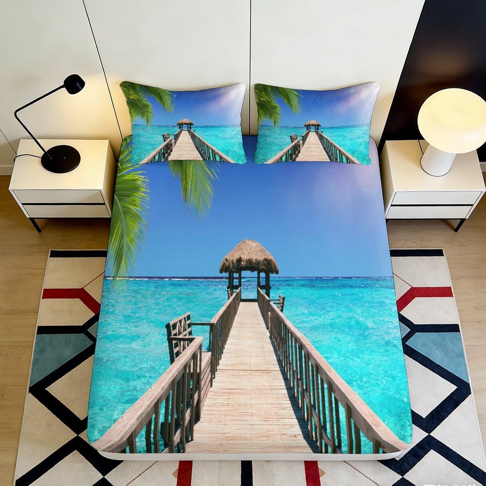 3D Printed Seaside Pier Fitted Sheet Microfiber Deep Pocket Non-Slip Bedroom Bedding Landscape Mattress Fitted Cover Washable 90x200x25cm