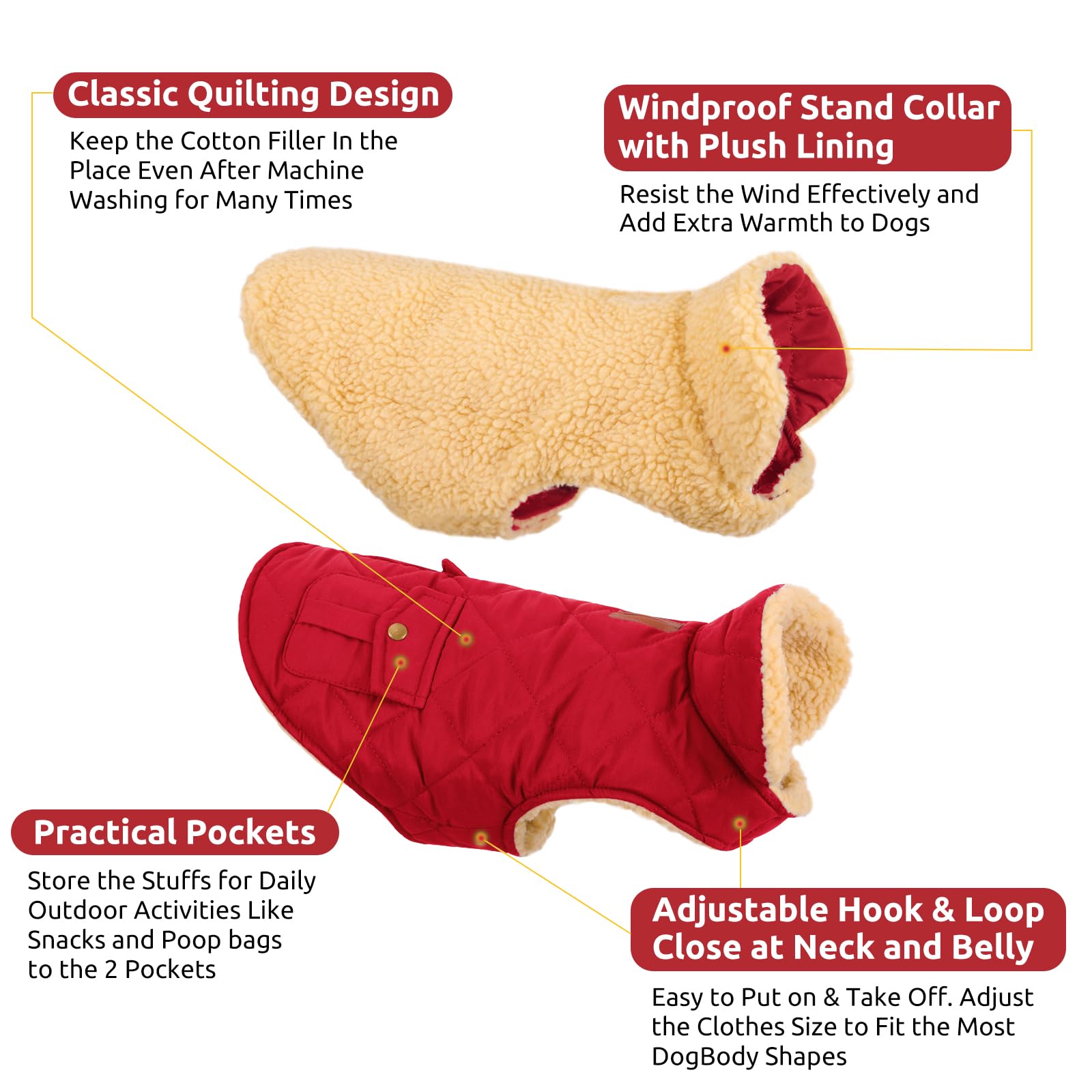 CITÉTOILE Cappotto per Cani, Gilet Invernale Chihuahua con foro Coulisse, Giacca Calda di lana Spessa Adatta a Cani Invernali Piccoli/Medi/Grandi, Rosso, XS