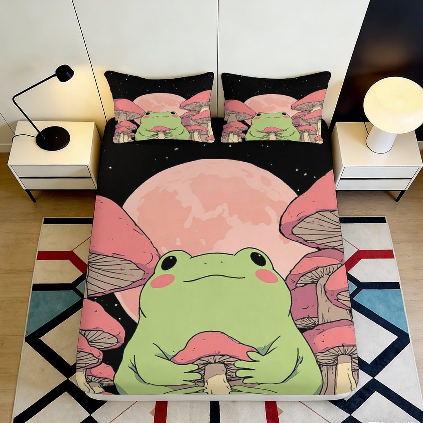 3D Printed Cartoon Frog Fitted Sheet Microfiber Soft Anti-Slip Pink Mushroom Bed Cover for Bedroom Dorm Mattress Decor 90x200x25cm
