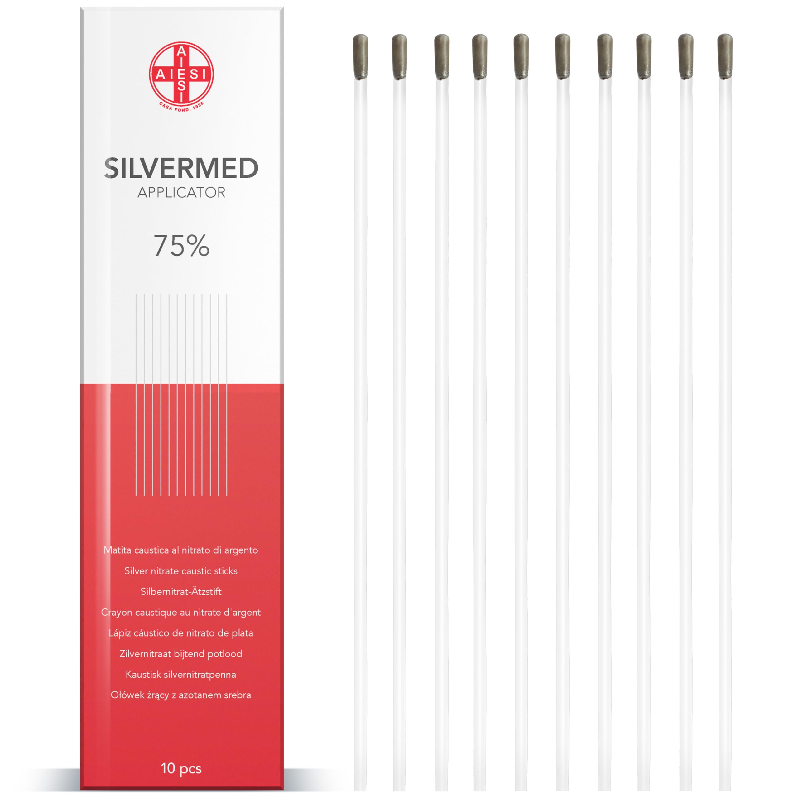AIESI® Lápiz Cáustico de nitrato de plata al 75% para eliminar verrugas mezquinos y tejidos SILVERMED 75 (Paquete de 10 aplicadores)