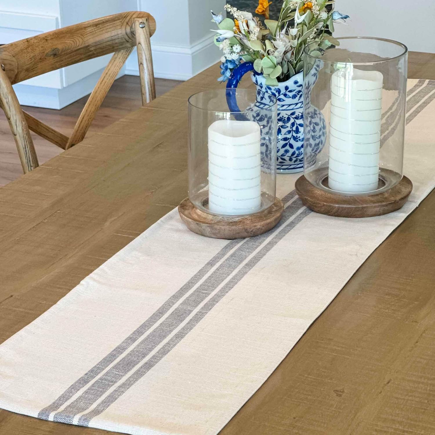 Market Place Gray Grain Sack Stripe Table Runner, 13" x 54", Farmhouse Style, Gray and Cream Tabletop Décor …