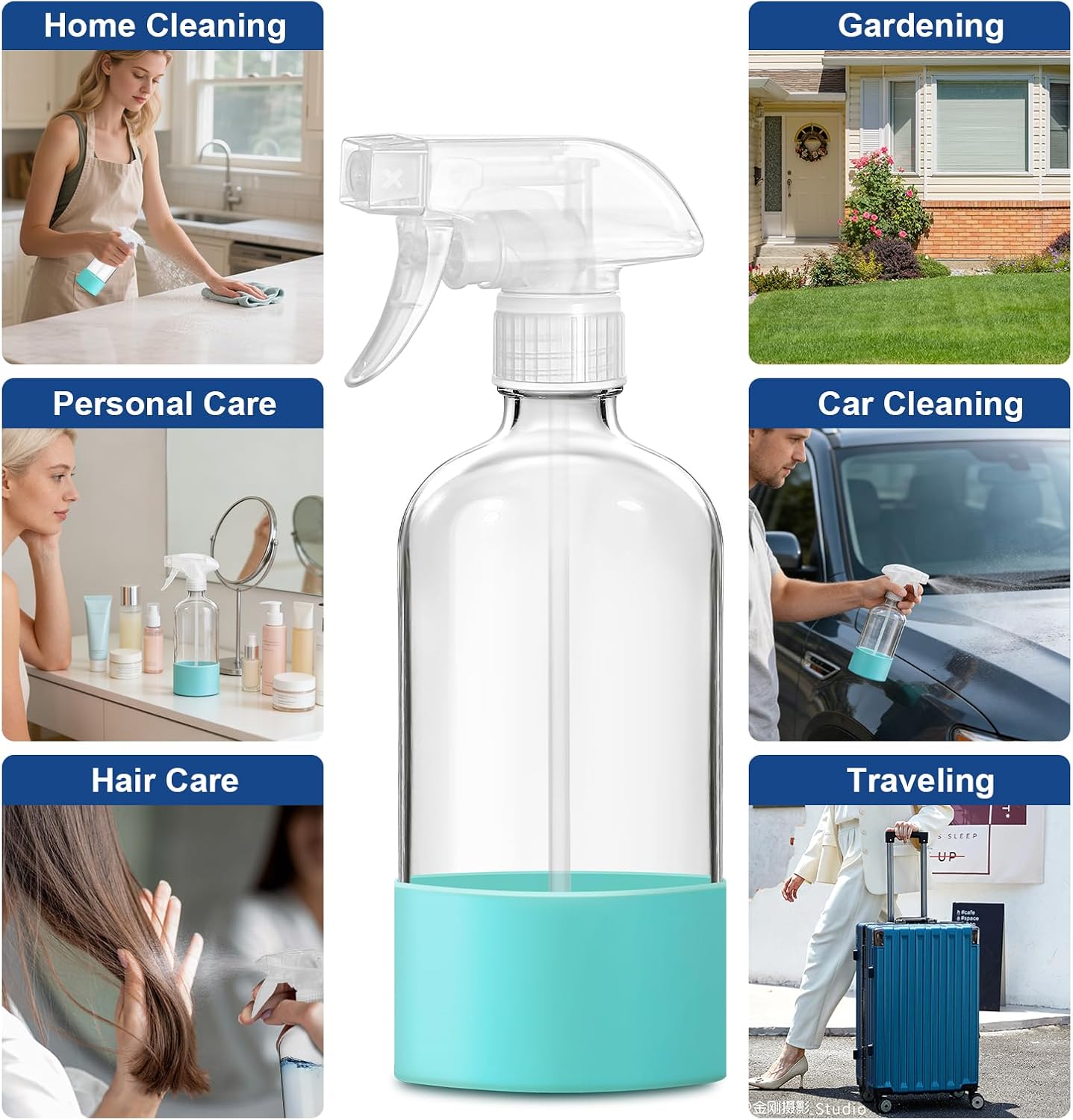 Glass Spray Bottles for Cleaning, 4 Pack Clear Empty Spray Bottle for Cleaning Solutions, 17 fl oz Reusable Spray Bottle for Plants with Silicone Boot, Cleaning Spray Containers with Labels
