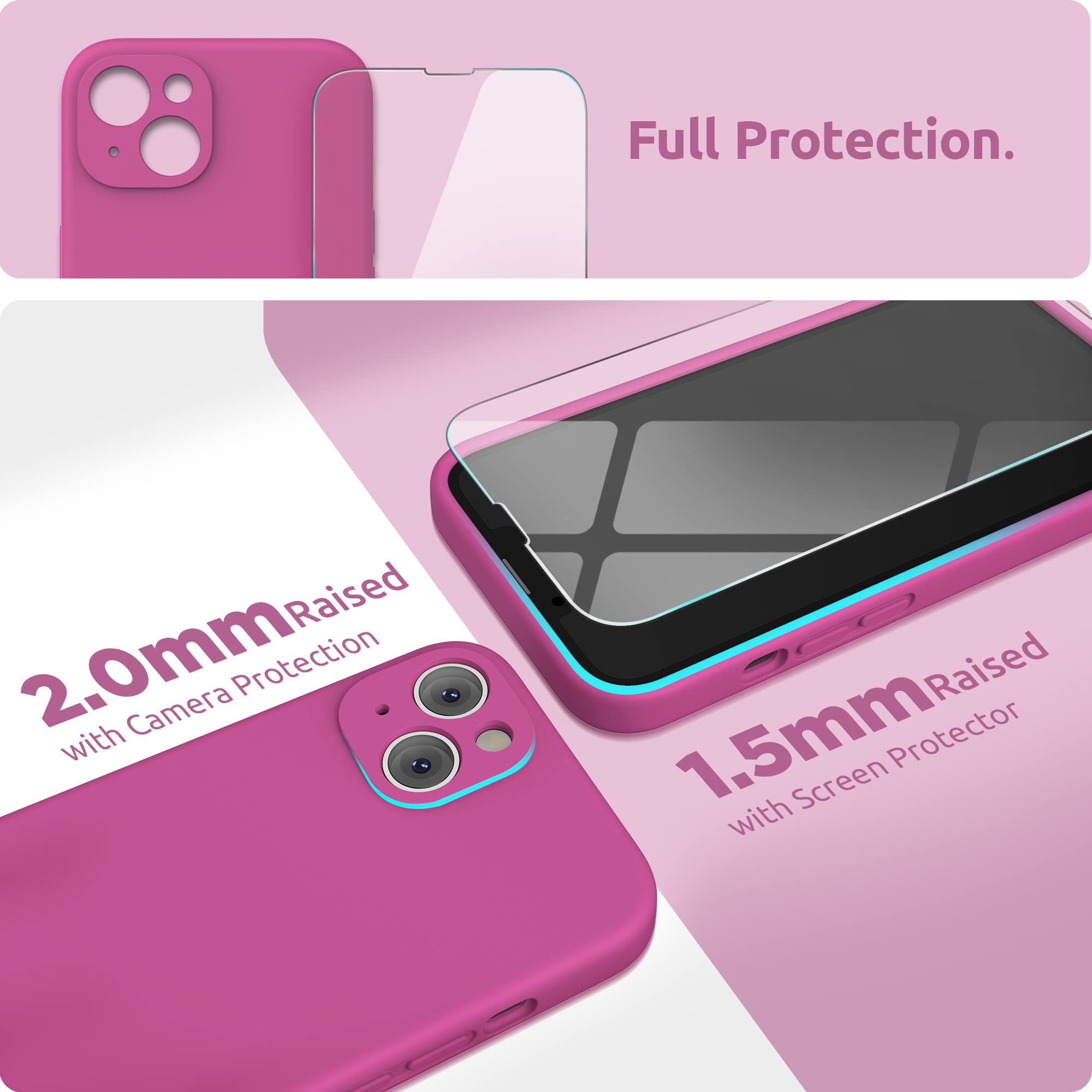 SURPHY Cover per iPhone 13 con Vetro Temperato (6,1"), Custodia per iphone 13 Silicone con Protezione Fotocamera, case protezione Completa,Antiurto, Morbida Microfibra Antigraffio (Rosa Caldo)