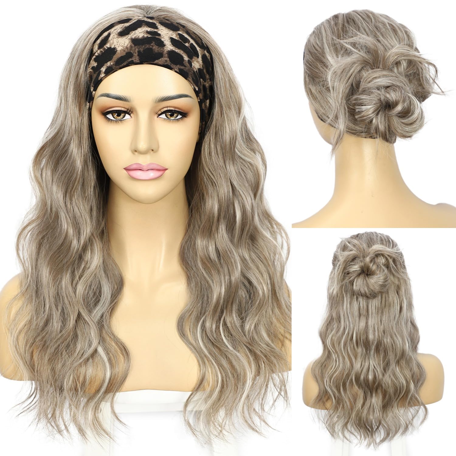 Sapphirewigs Headband Wig Grey Wavy Synthetic Headband Wigs for Women Body Wave Glueless Short Hair Daily Wear Date Party Halloween Christmas 20 inch