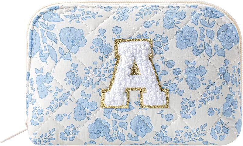 Necessaire de maquiagem WHHJM em algodão matelassê, formato dome, estampa floral azul, zíper, modelo A