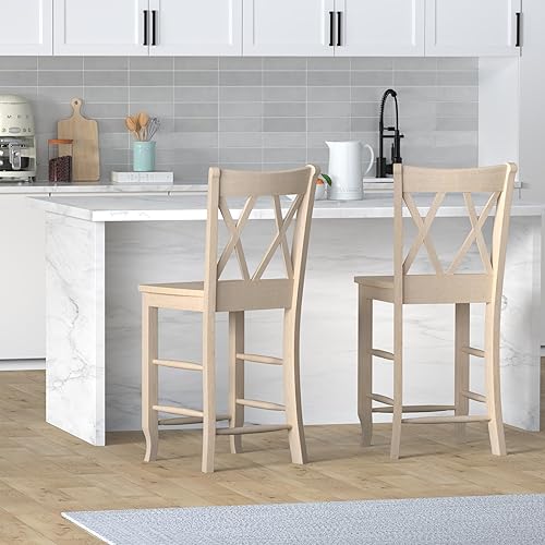 Miniatura 24 de IC International Concepts Taburete doble de altura de barra con respaldo en X de madera maciza, madera de parawood real, fácil de montar, 17.91