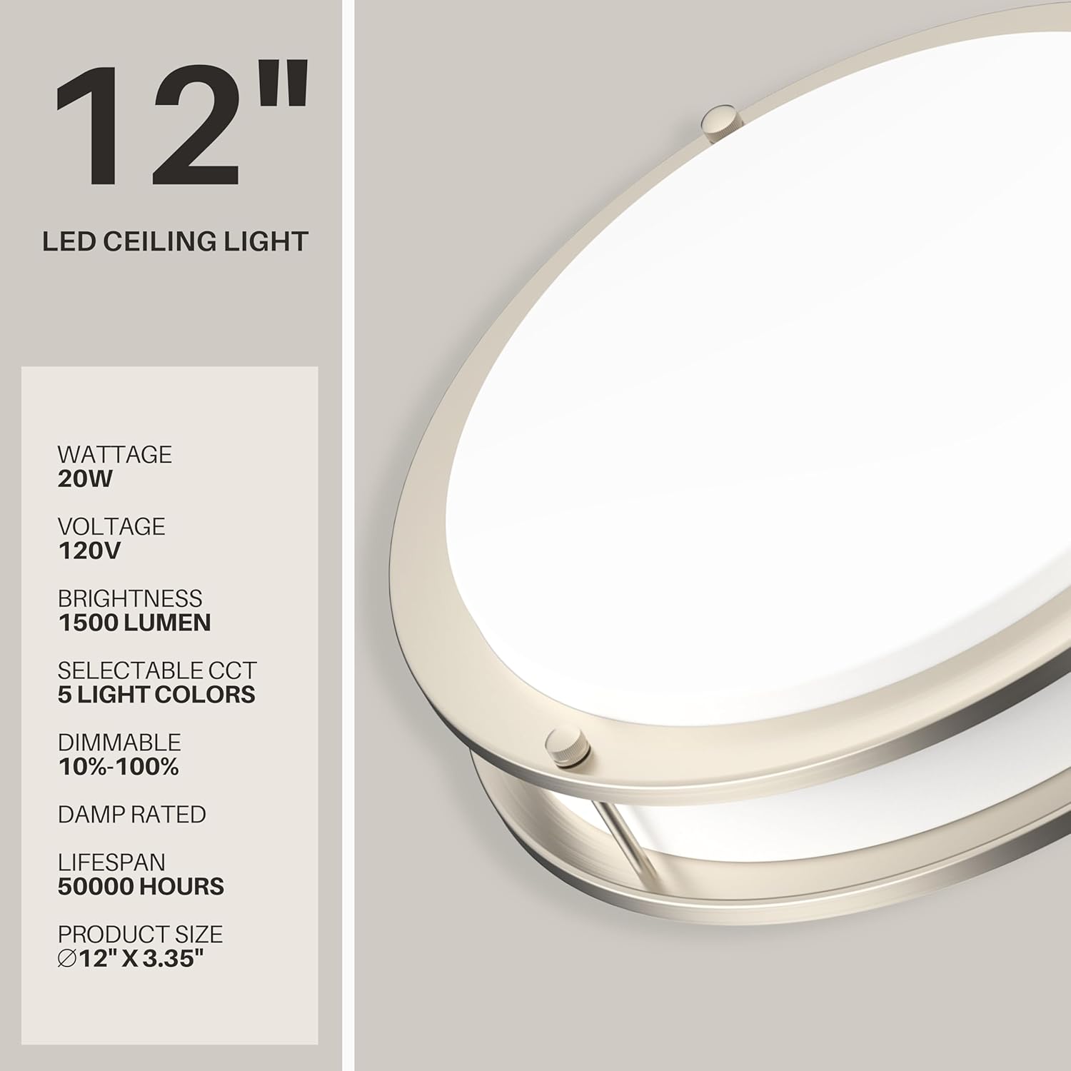 DYMOND LED Ceiling Light Flush Mount Dimmable Adjustable Lighting from Warm White to Daylight 2700K 3000K 3500K 4000K 5000K 5 in 1 Selectable CCT (Brushed Nickel, 12 Inch)