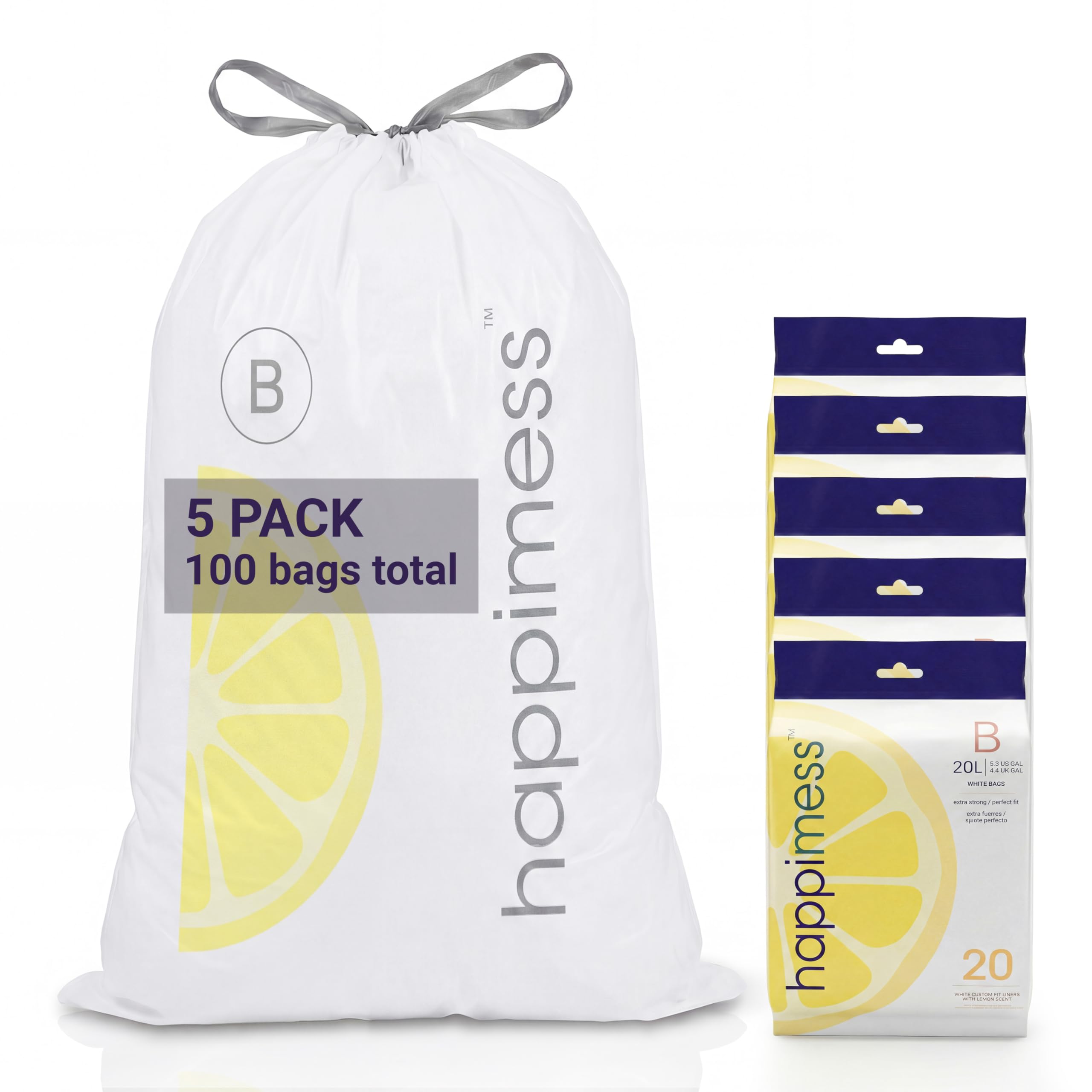 happimess White (Lemon Scented) / 100 Count (Pack of 1) / 5.3 gallons Trash Bags
