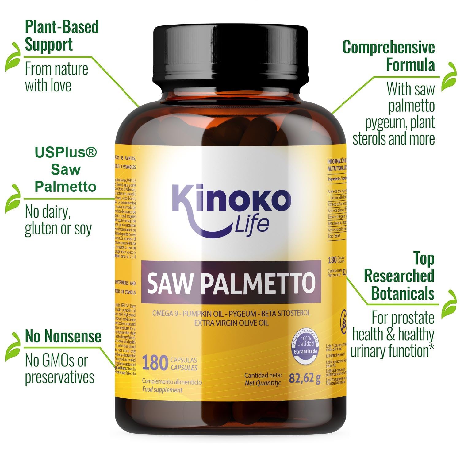 Kinoko Life Saw Palmetto - Serenoa Repens 320 mg 180 capsule. Estratto lipidosterolico puro 85-95%. con Omega 9, Olio di Semi di Zucca, Pygeum Africanum, Serenoa Repens Capelli e Prostata.
