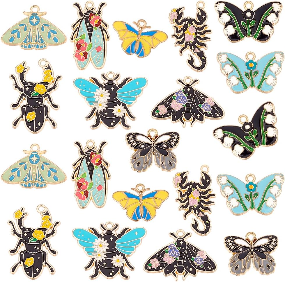 PH PandaHall 20Pcs 10 Styles Insect Pendants Butterfly Charms Scorpion Beetle Bees Pendants with Flower Enamel Metal Gold for Key Chains DIY Bracelet Necklace Earring Jewelry Making Craft