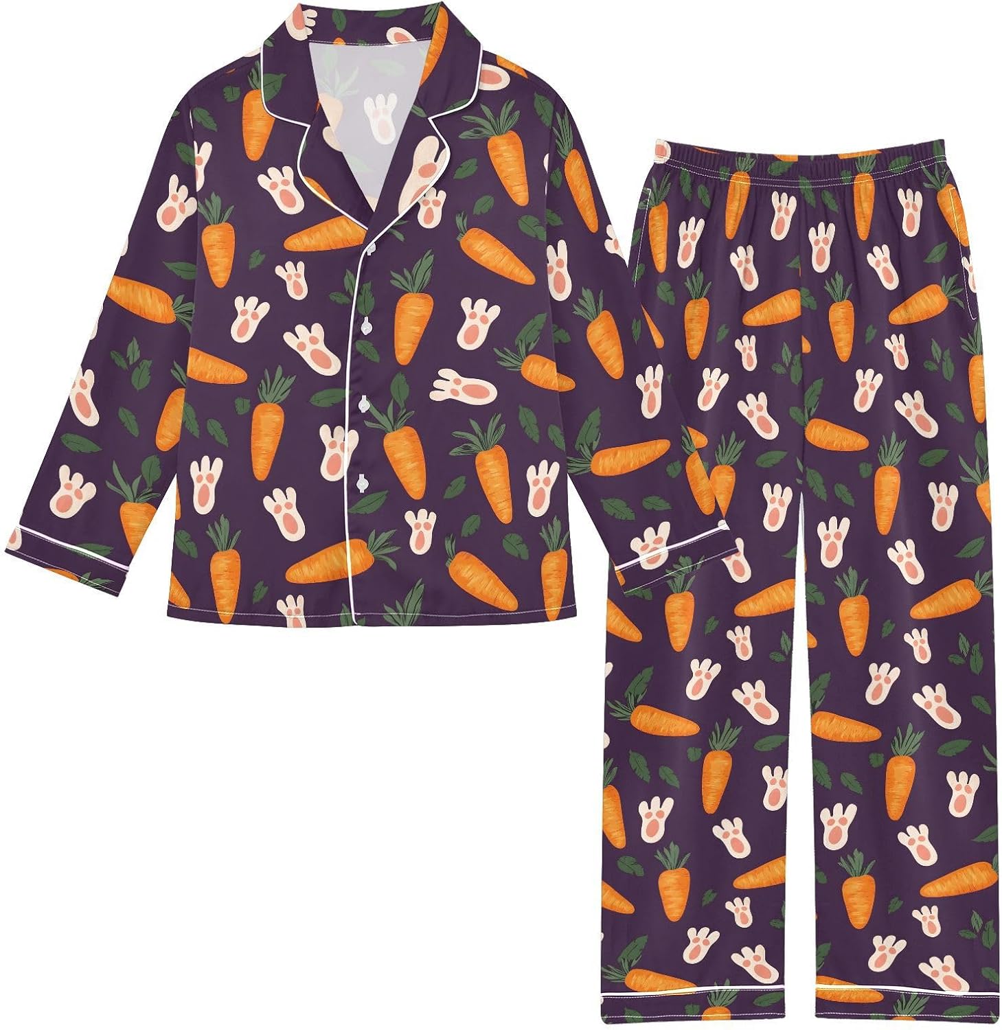 senya Carrot Rabbit Paw Satin Pajama Sets Long Sleeves Nightwear Button Down Sleepwear