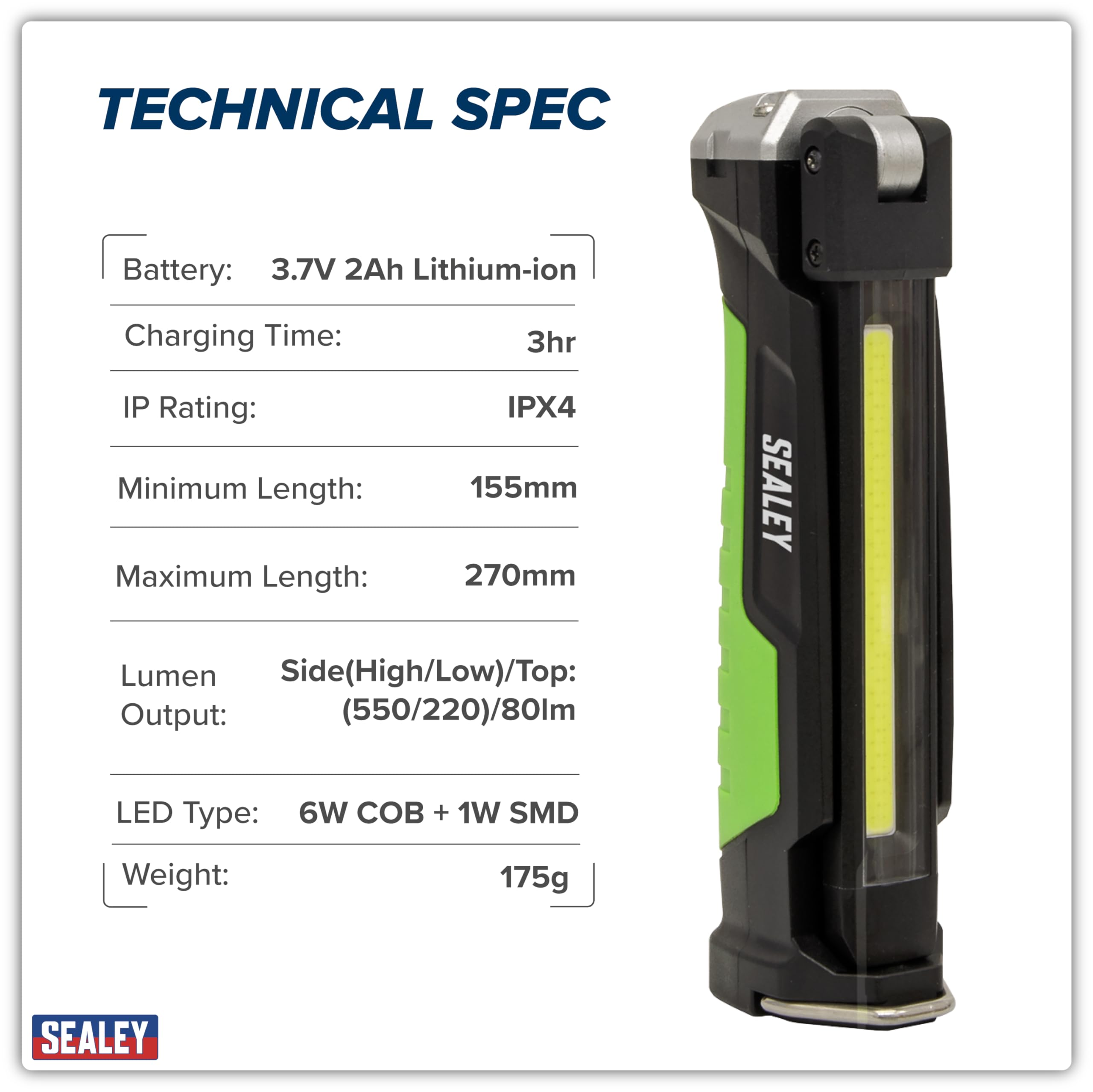 Sealey Luce di ispezione sottile ricaricabile, 6 W COB LED e 1 W SMD LED, 550 lm - LED186