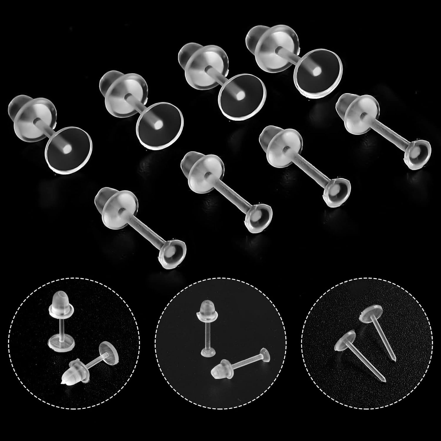 400 Pcs Clear Earrings, Plastic Earrings Clear Ear Pins and Rubber