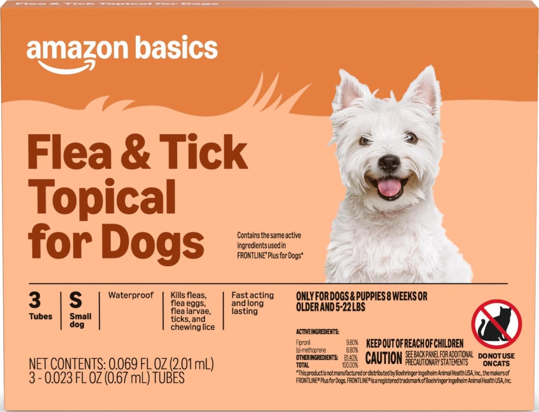 Amazon Basics Preventative Flea and Tick Topical Treatment for Dogs, Small (5-22 lbs), Fast Acting and Long Lasting, 3 Counts, Packaging May Vary