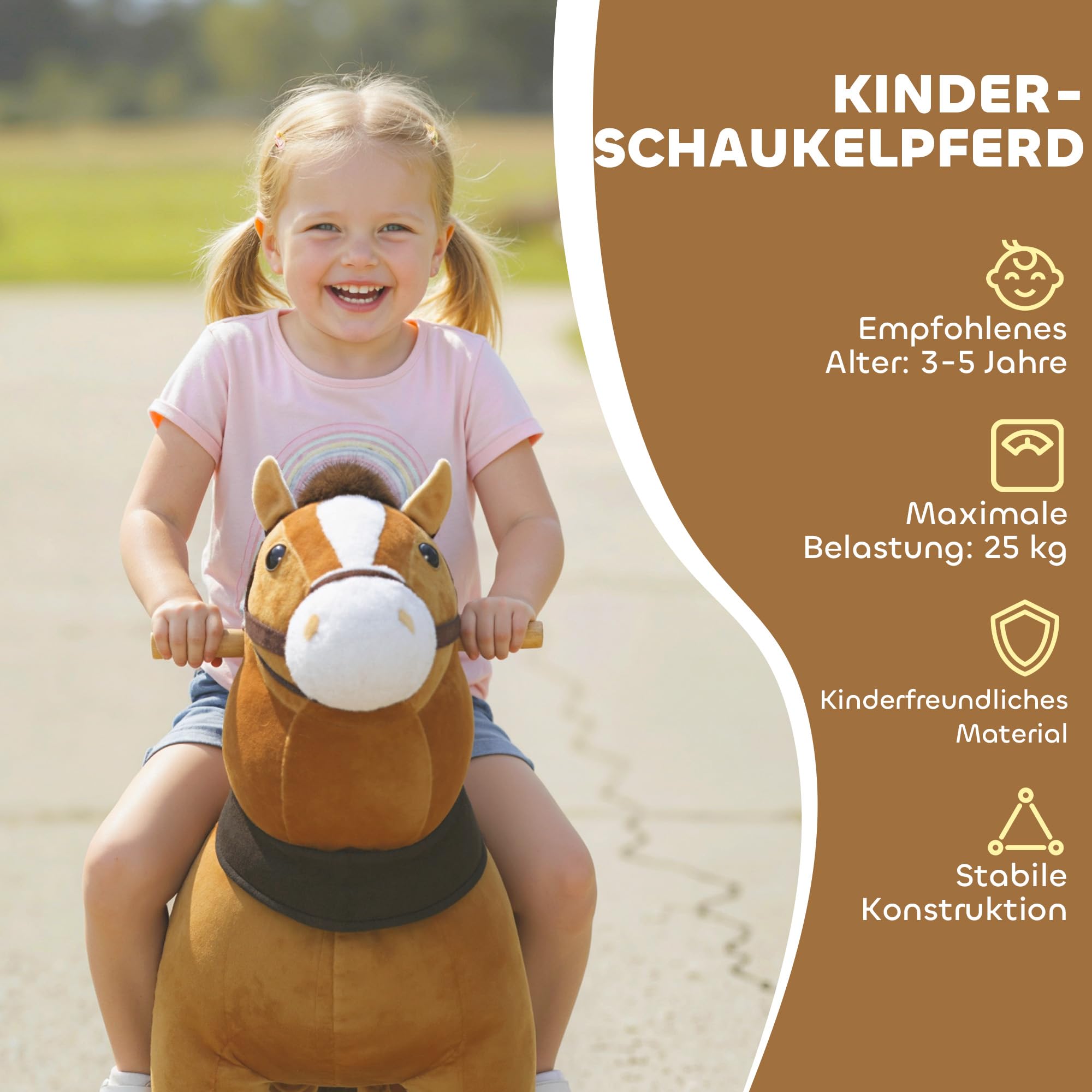 AIYAPLAY Reitpferd, Spielpferd zum Reiten mit Sattel Rollen, 75 cm Stehpferd, Plüschpferd für Kinder 3-5 Jahre, bis 25 kg, Dunkelbraun