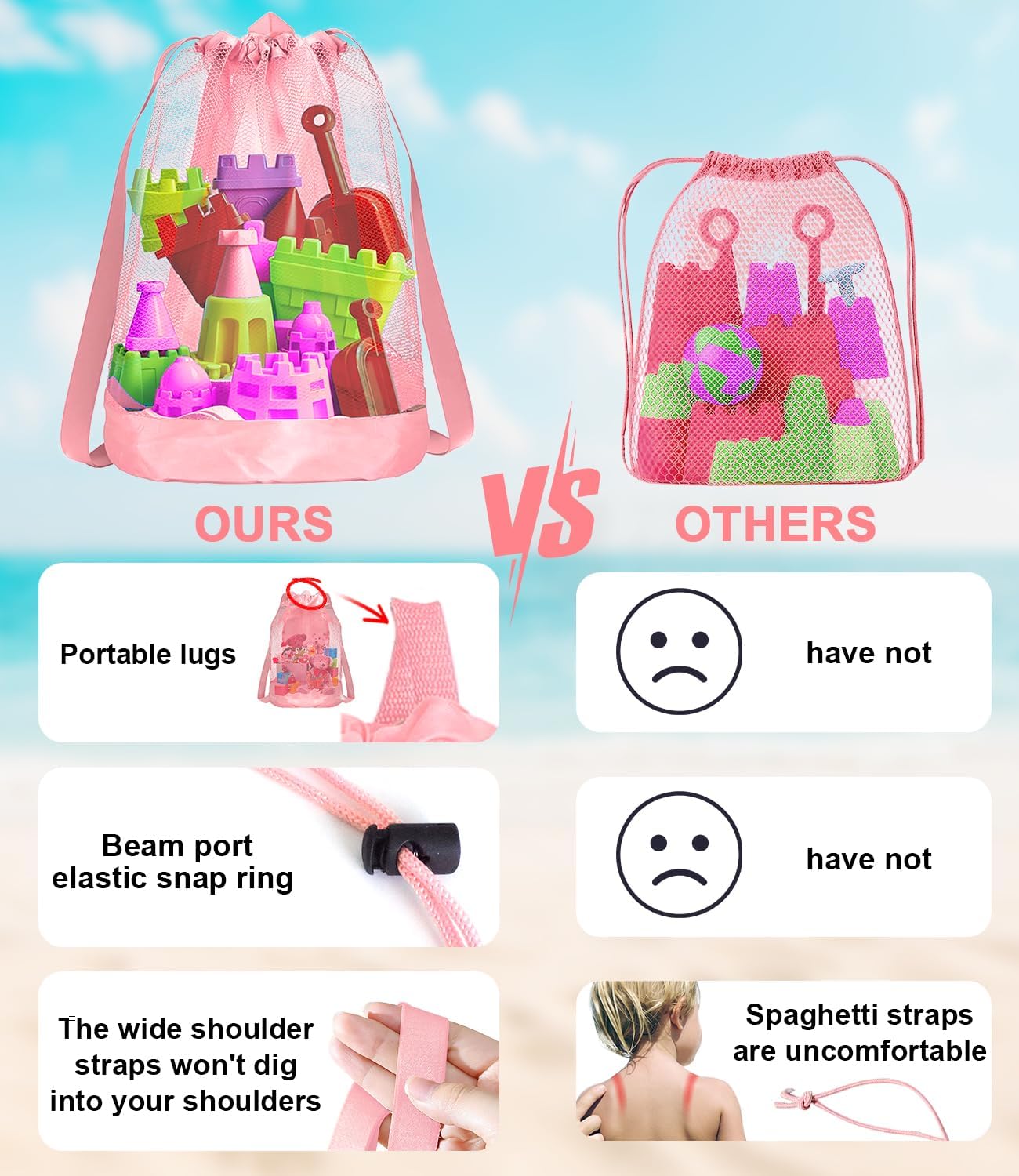 Beach Toy Bag, 3pcs Mesh Sand Toys Backpack for Sandbox Buckets, Travel Beach Vacation Essentials for Kids, Shell Collecting Bag Tools, Beach Must Haves Sand Box Toys Seashell Bags