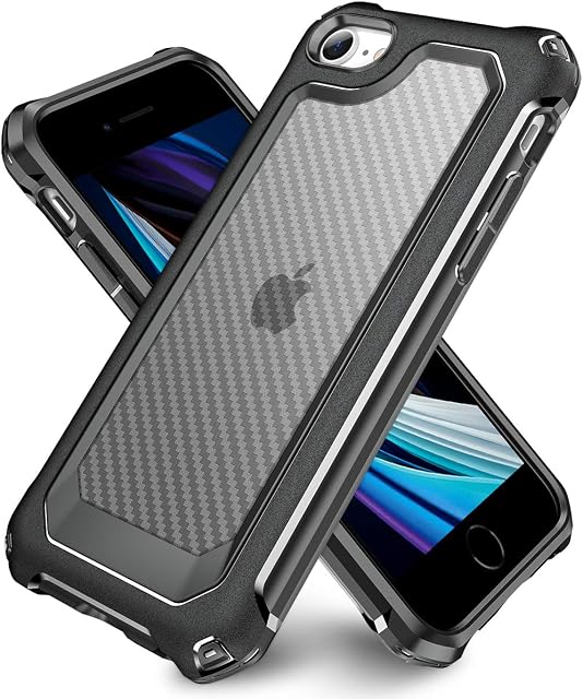 iPhone SE 2022 Case, iPhone SE 2020 Case, iPhone 8 Case, iPhone 7 Case, SUPBEC Hard Carbon Fibre Shockproof Cover and Screen Protector [x2] [Military Grade Protection], iPhone SE Case, 4.7", Black