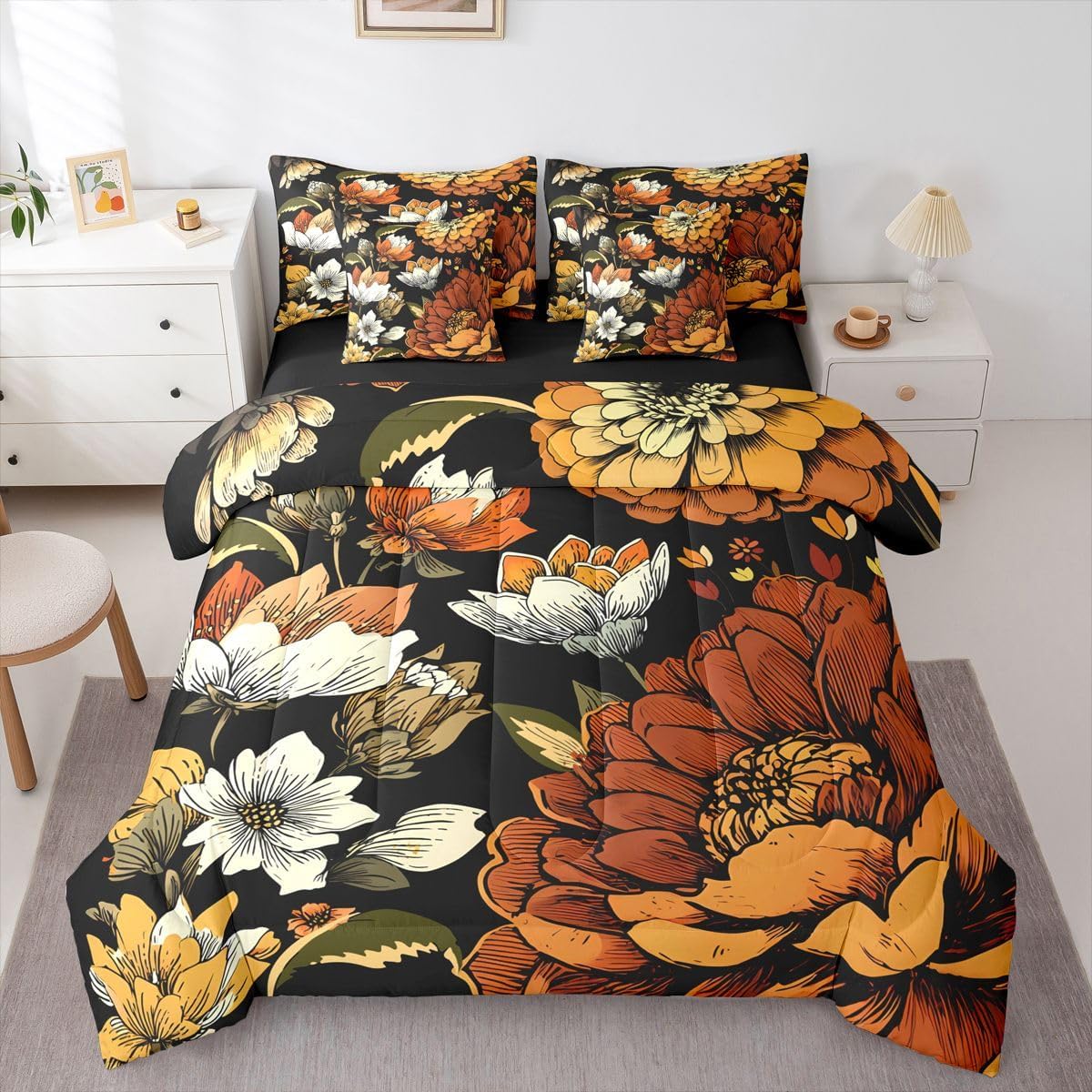 Erosebridal Boho Floral Bed in A Bag 7 Pcs Bohemian Flower Botanical Comforter Set for Kids Girls Rustic Farmhouse Floral Bedding Sets Full Abstract Mid Century Flowers Sheet Set with Comforter