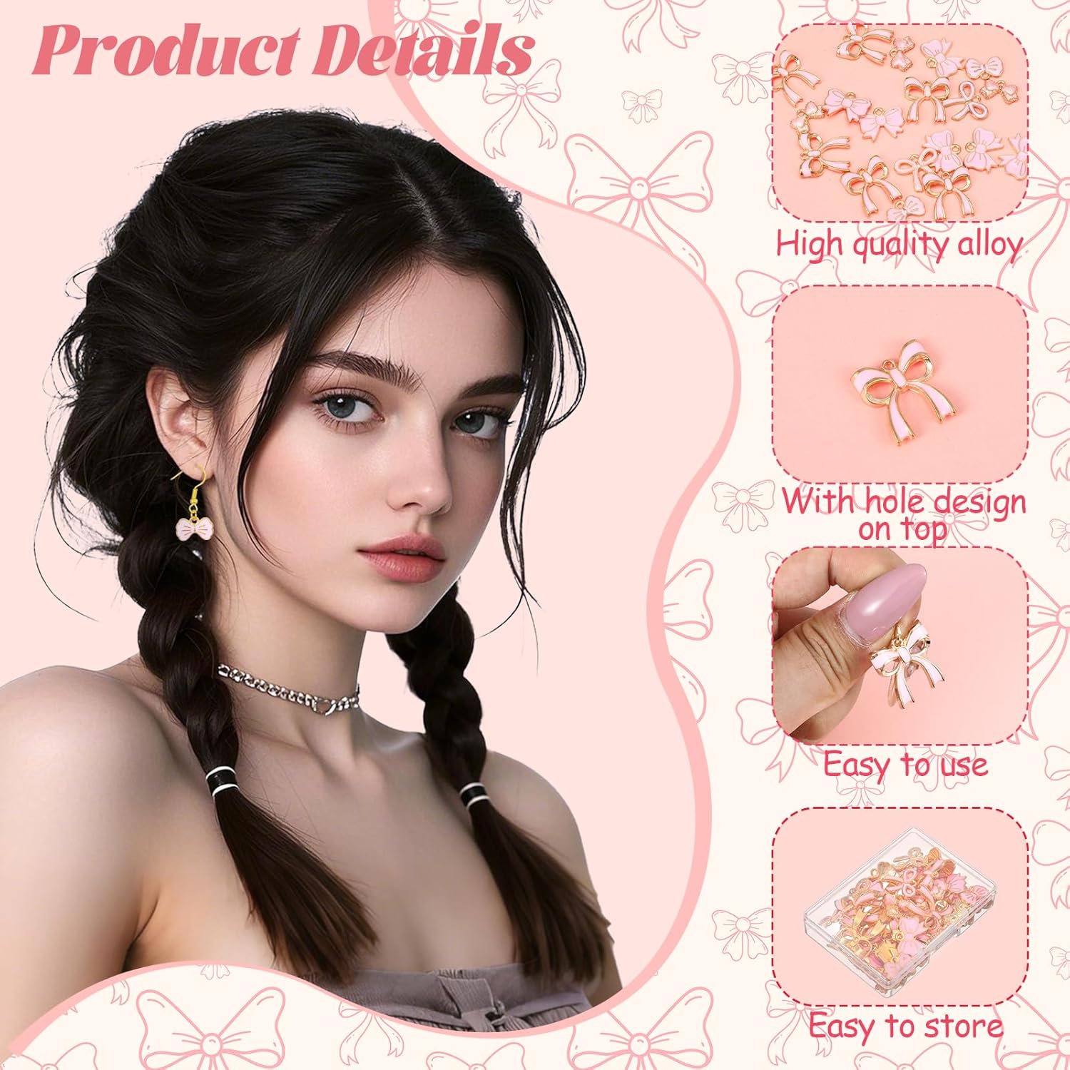 50 Pcs Bow Charms, Bow Charm for Jewelry Making with Chains Charms for Jewelry Making Pink Charm Alloy Enamel Tie Pendants Crafts Supplies Flat Bowknot DIY Bracelet Necklace Earrings for Gifts - Image 5