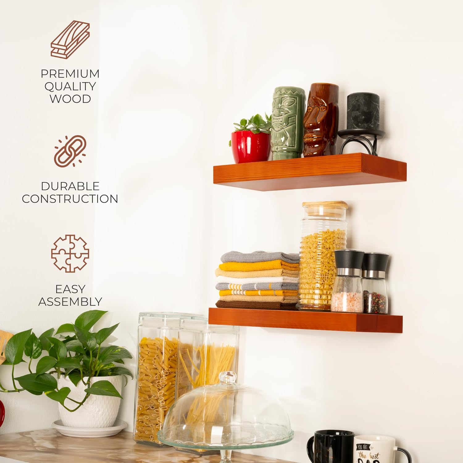 2 Pc Natural Pine Wooden Floating Shelves for Wall with No Drilling; Wall Mounted Wood Shelf Set; Wall Shelves for Living Room, Bathroom, Kitchen and Bedroom Bookshelf (Honey Oak, 16)