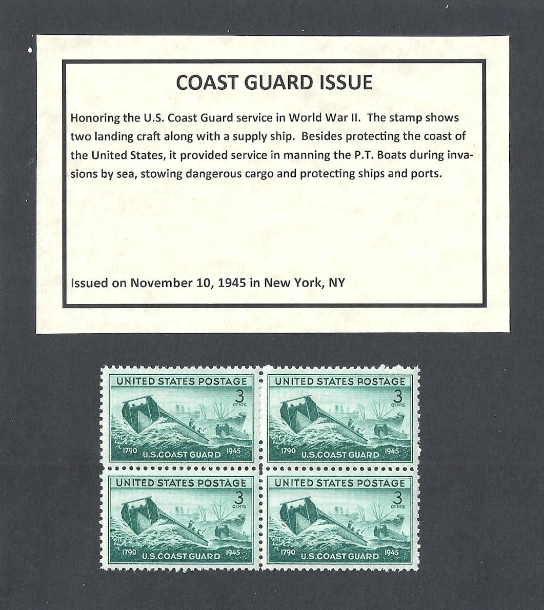 1945 Coast Guard - U.S. Mint Block of 4 Stamps with Informational Card and Stamp Mount